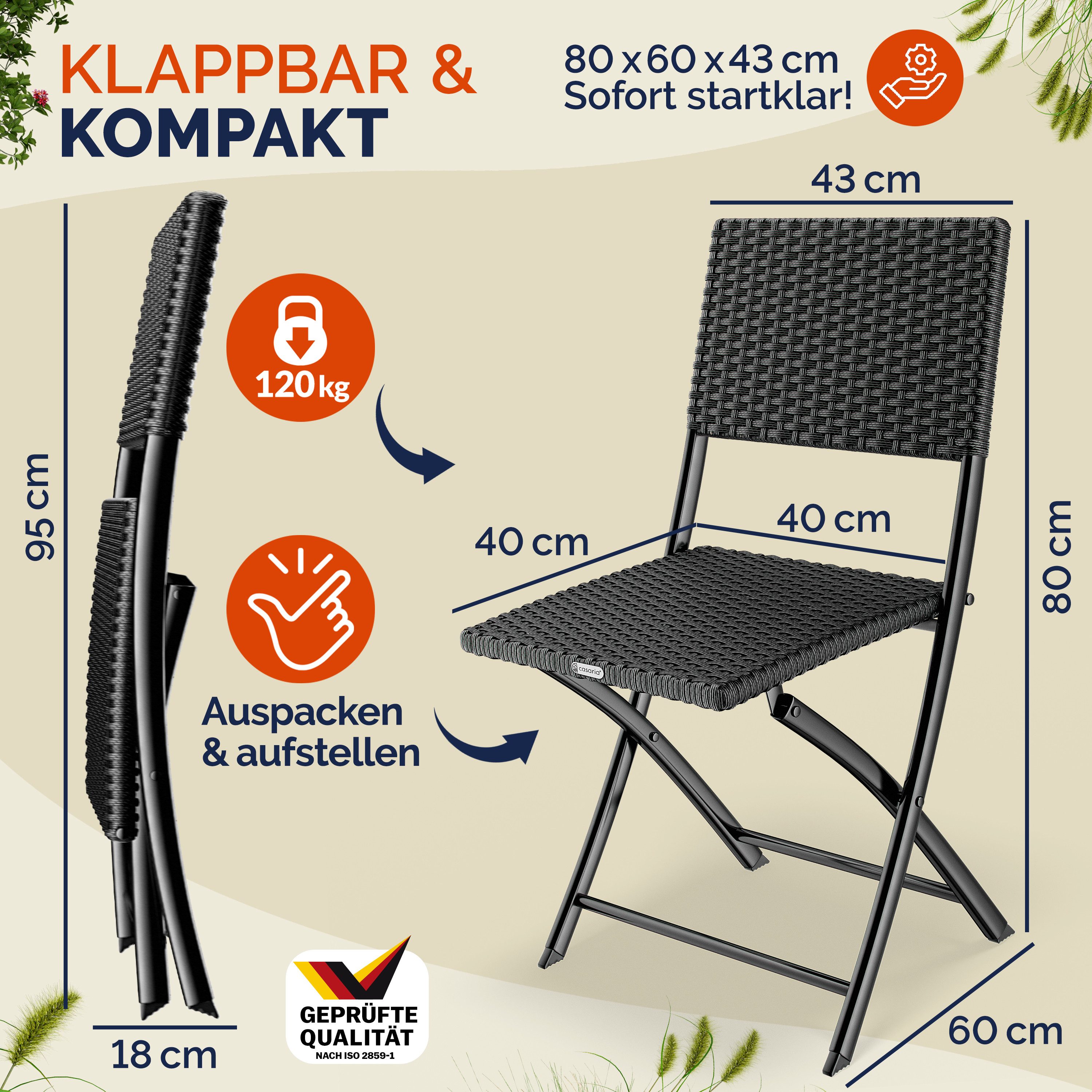 Casaria Klappstuhl Rom (2 St), Polyrattan 2er Set 120kg Belastbarkeit Platzsparend Klappbar Leicht