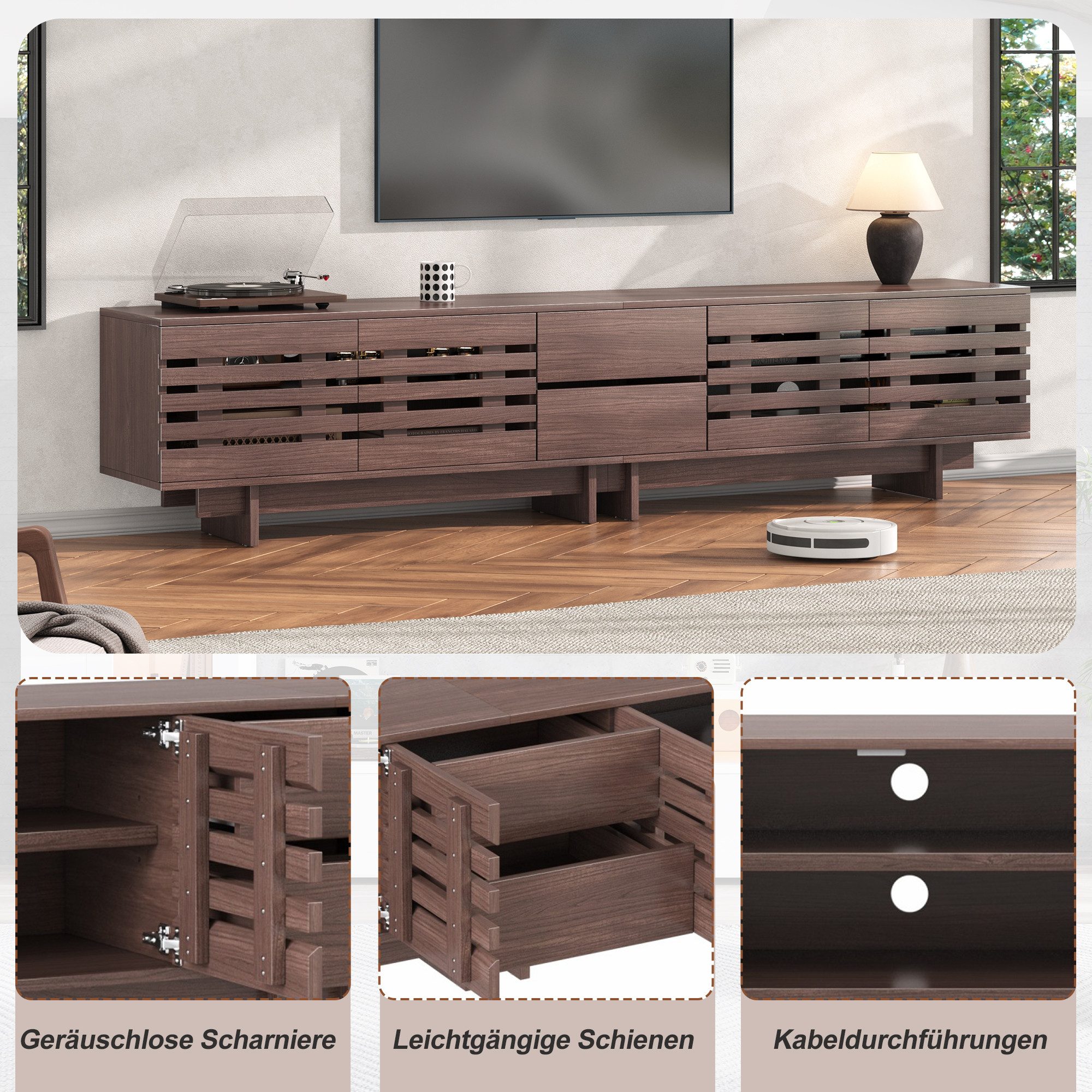 Merax Lowboard in Walnuss Holzoptik (1 St., Fernsehtisch für bis 80 Zoll), TV Schrank mit 4 Flügeltüren, 2 Schubladen & 6 Fächer, 200×39,5×55cm – Bild 5 von 5