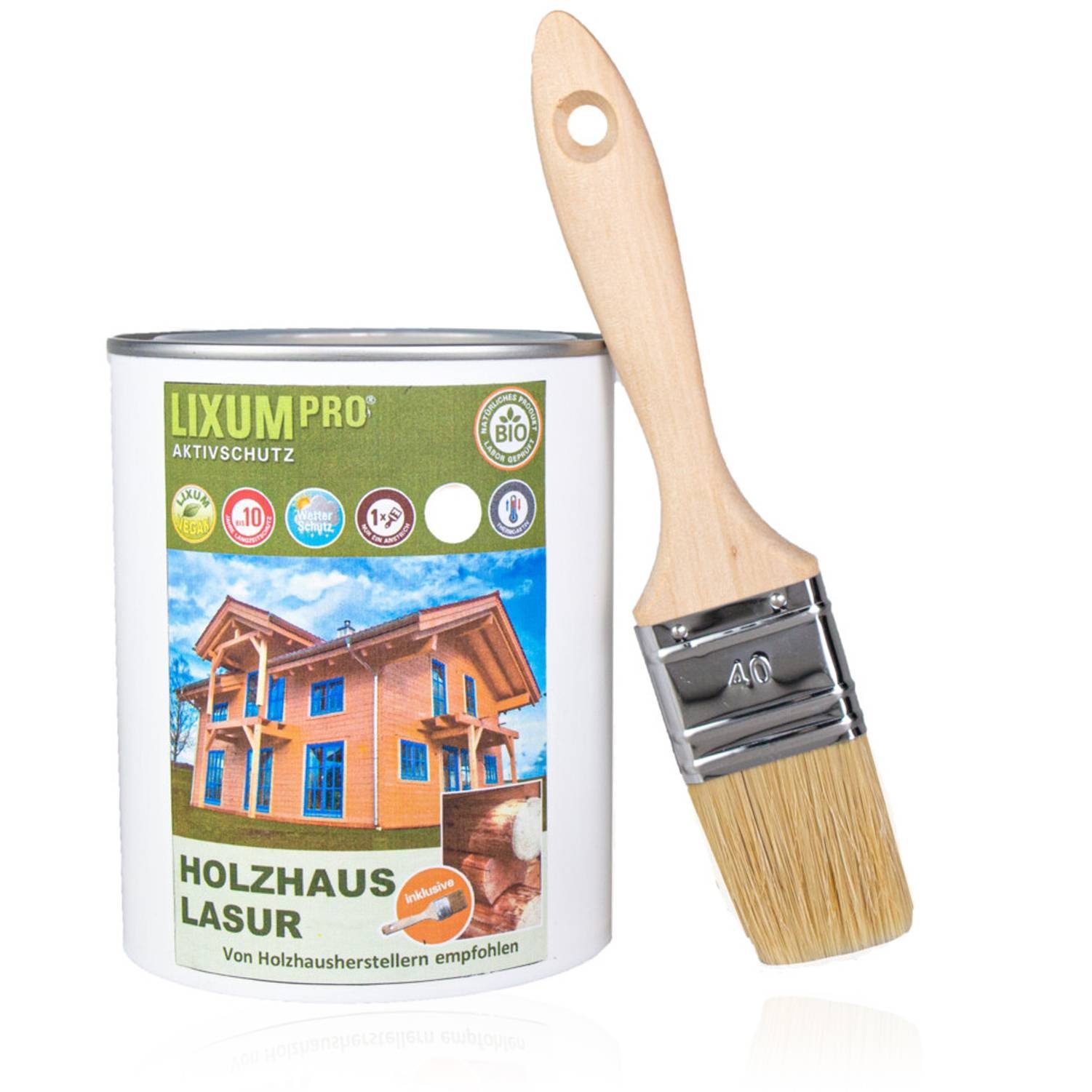 LIXUM Holzschutzlasur LIXUM 100% Biologische Holzhaus & Blockhaus Lasur - Wetterschutz für Holzhäuser farblos