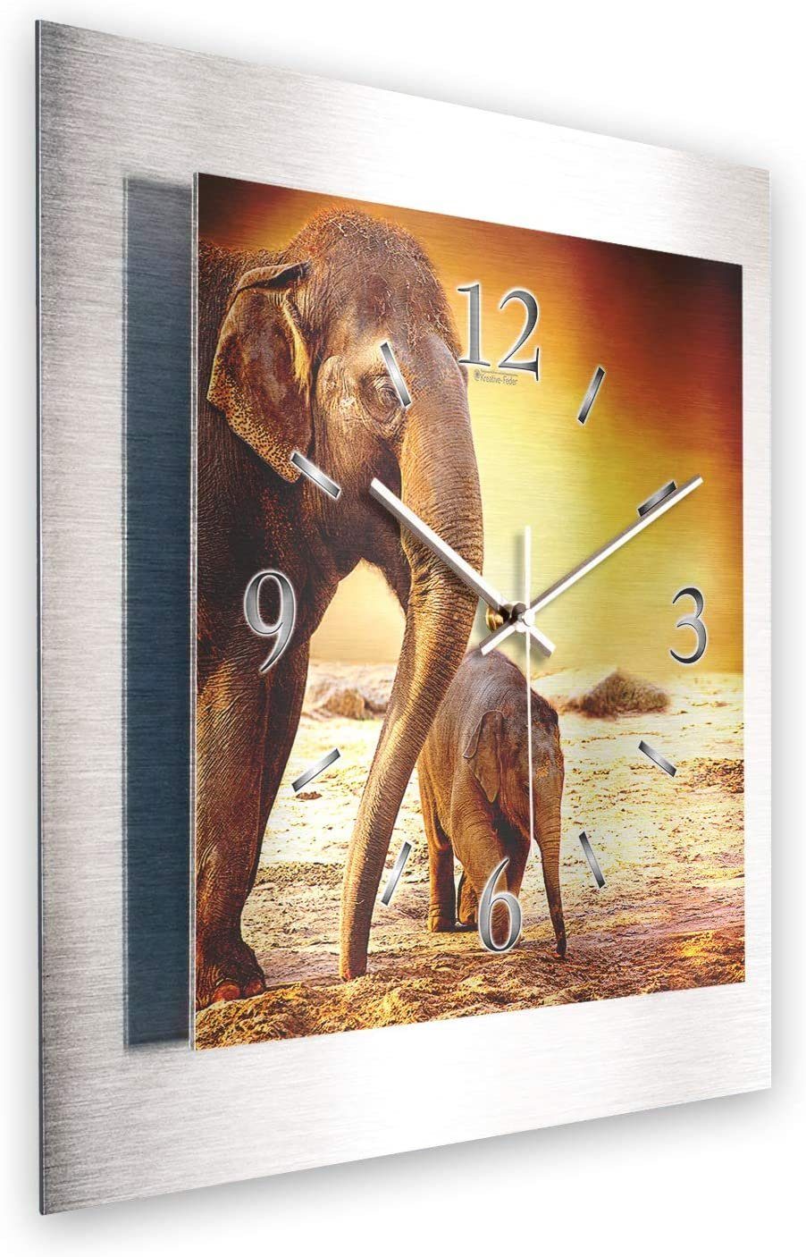 Kreative Design-Wanduhr einzigartiges „Elefanten in 3D Wanduhr Afrika“ Alu Feder Zwei-Platten-Design; aus flüsterleises Metallic (3D-Wölbung; gebürstetem Uhrwerk)
