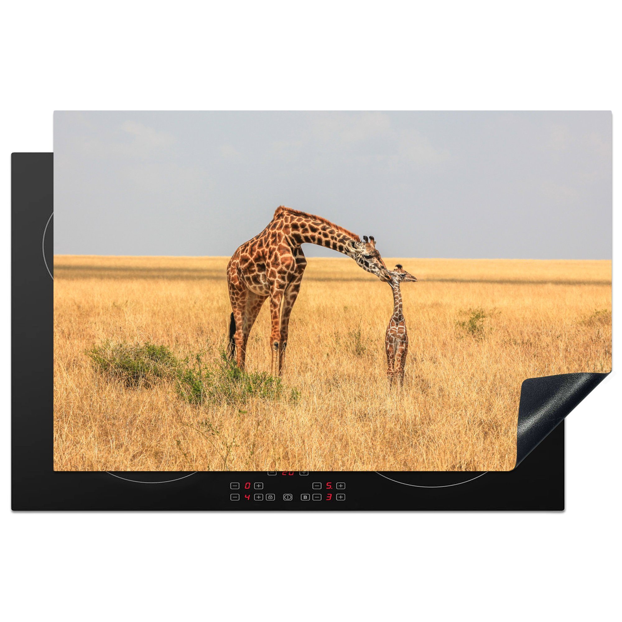 MuchoWow Herdblende-/Abdeckplatte Giraffe - Kalb - Savanne, Vinyl, (1 tlg), 81x52 cm, Induktionskochfeld Schutz für die küche, Ceranfeldabdeckung