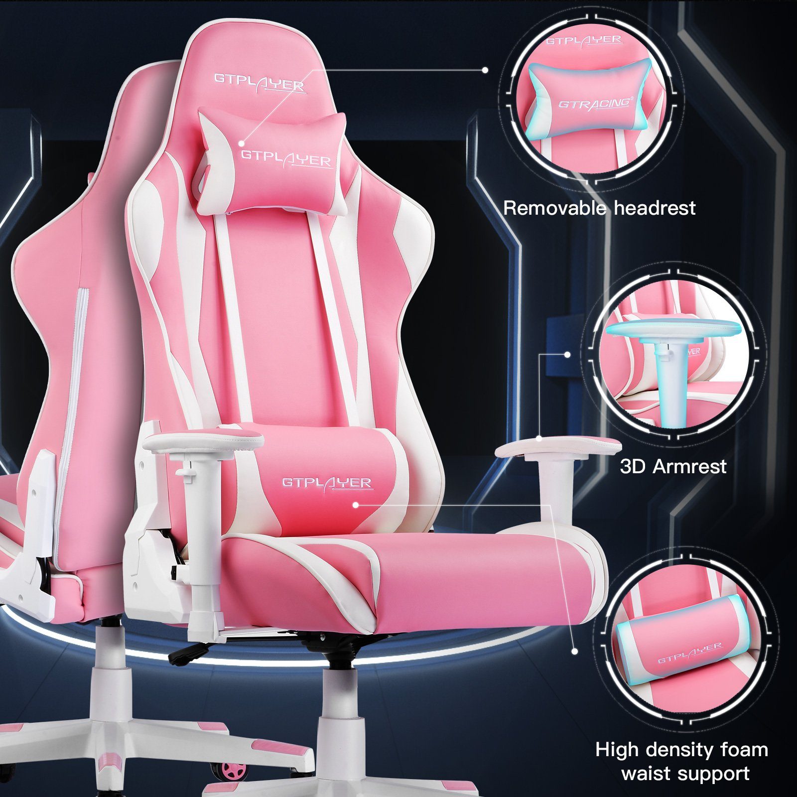 supports the Ergonomische GTPLAYER Bürostuhl rosa und Nackenkissen, inkl. waist reclining Gaming-Stuhl Design The Lenden- function