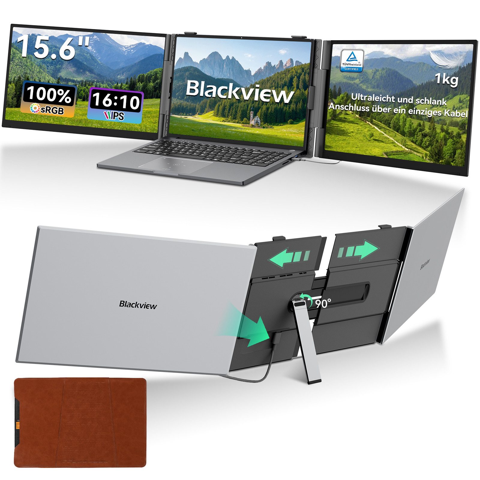 blackview D8 Pro 15,6" FHD, Dual-Screen Tragbarer Monitor, Nur ein Kabel, für Notebook (1kg, 16:10, 14-17,3 Zoll & Windows/Mac/Android/Chrome-Kompatibilität)