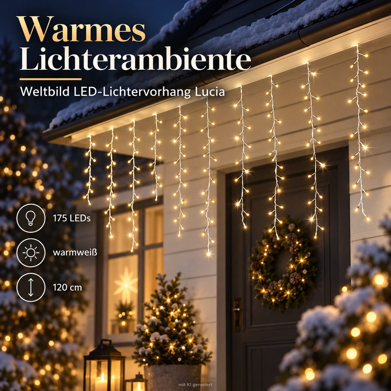 Weltbild LED-Lichtervorhang Lucia 175 LEDs 120 cm Lichterkette Fensterbeleuchtung, Weihnachtsdeko Festtagsbeleuchtung Weihnachtsbeleuchtung