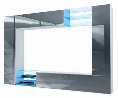 Vladon Wohnwand Mirage, (Anbauwand mit Rückwand mit 2 Türen, 4-St., 2 Klappen und 6 offenen Glasablagen), Weiß matt/Grau Hochglanz, inkl. LED-Beleuchtung (262 x 183 x 39 cm)