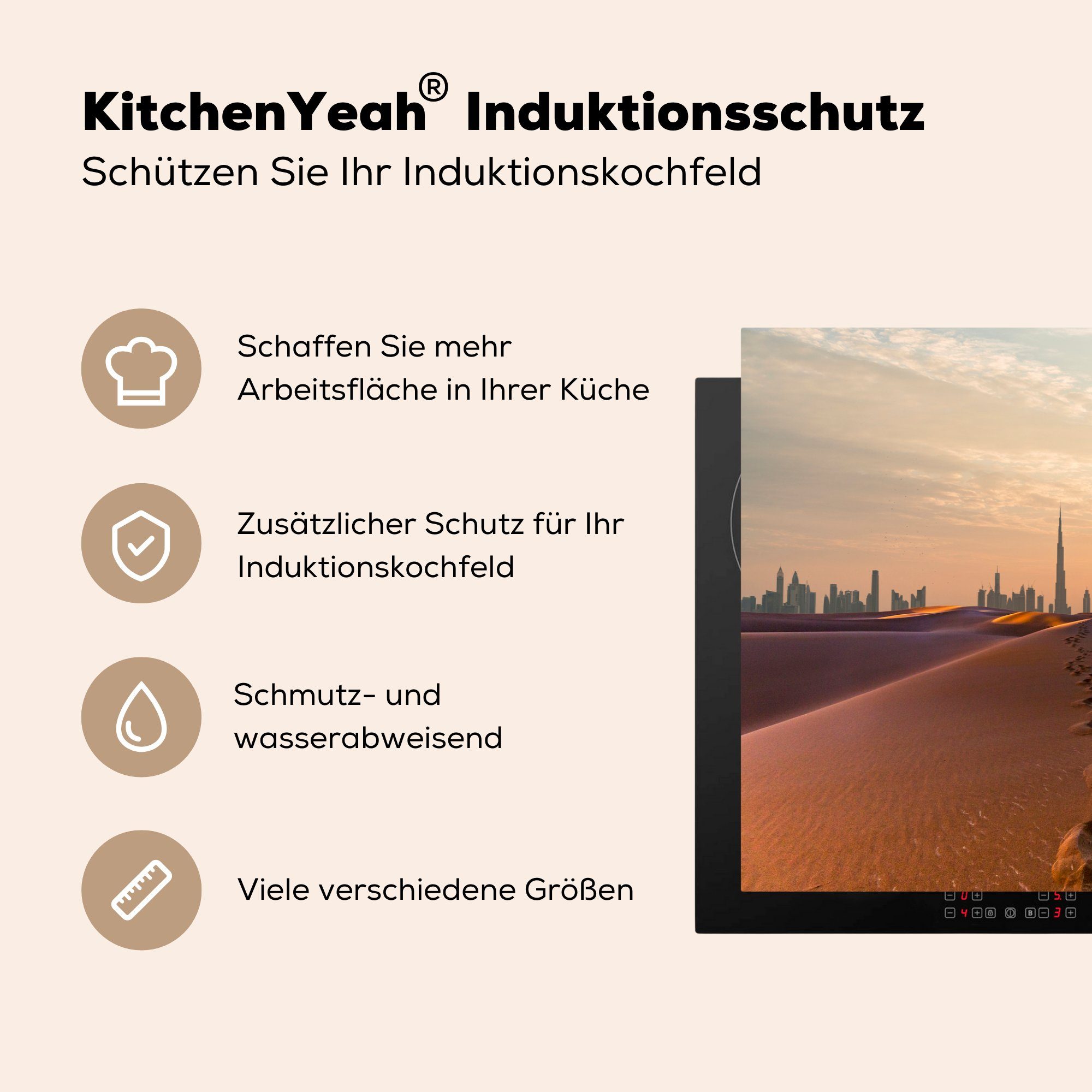 Hintergrund, (1 Burj 81x52 Vinyl, küche, im die Wüste mit Schutz Fußspuren Herdblende-/Abdeckplatte in Khalifa cm, Ceranfeldabdeckung der für MuchoWow dem tlg), Induktionskochfeld