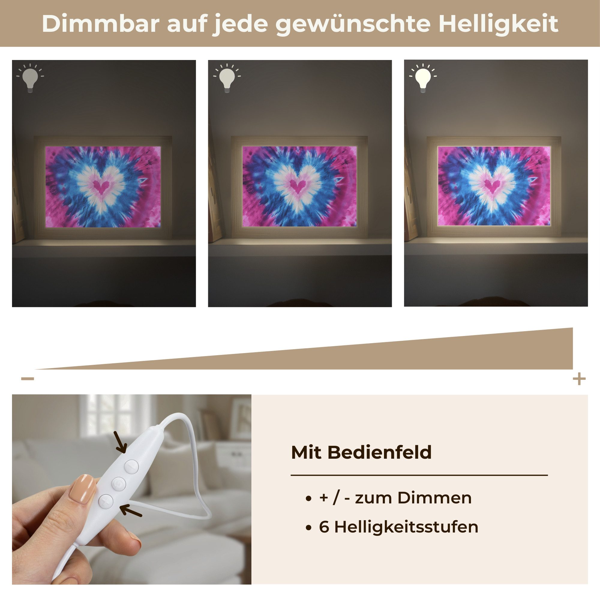 OnlyWow Wandleuchte Lightbox Herzförmig - Krawattenfärbung - Lila - Mädchen, Dimmbar, Farbwechsel, LED, Warmweiß, Kaltweiß, Neutralweiß Einstellbar, Wandlampe Innen, Dimmbar, mit Kabel, LED, Modern, Kinder