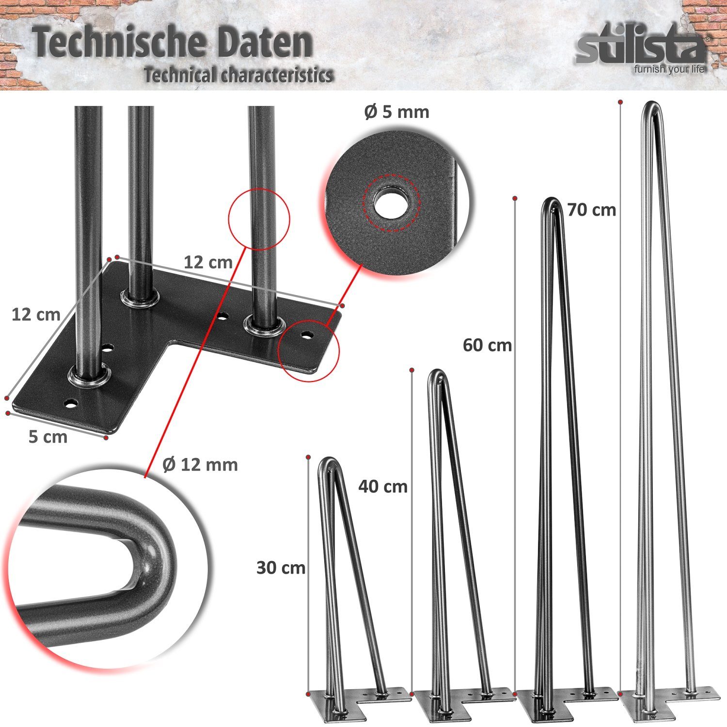 Set), Tischbeine (Set, Möbelbeine, Industriedesign, STILISTA DIY, Größenwahl 3 Farb- Möbelfuß Schwarz Hairpin Legs 4er und Haarnadelbeine Streben,