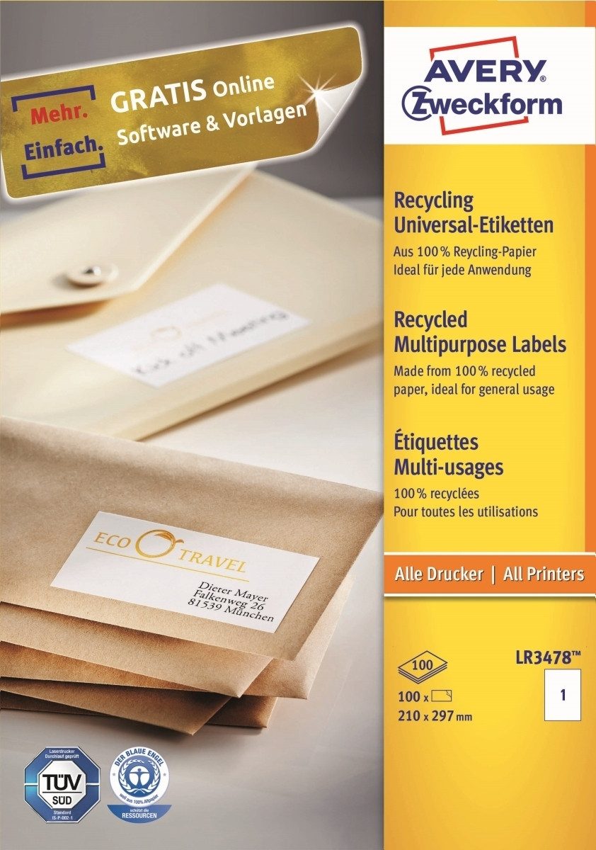 Avery Zweckform Etiketten Universal-Etiketten 210x297mm Recycling naturweiß VE=100 Stück