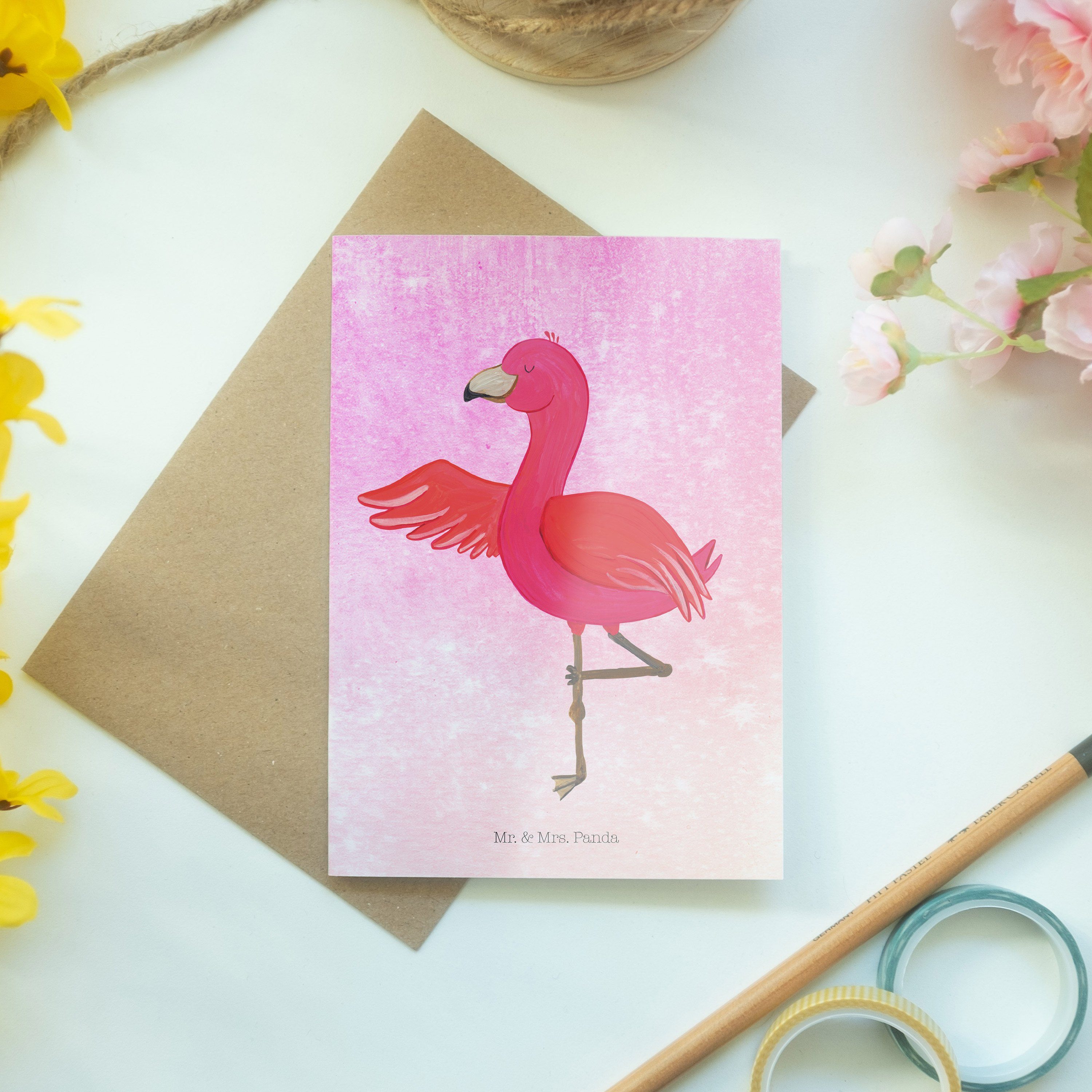 Mr. & Mrs. Panda - Yoga Grußkarte Klappkar Flamingo Geschenk, - Tiefenentspannung, Aquarell Pink