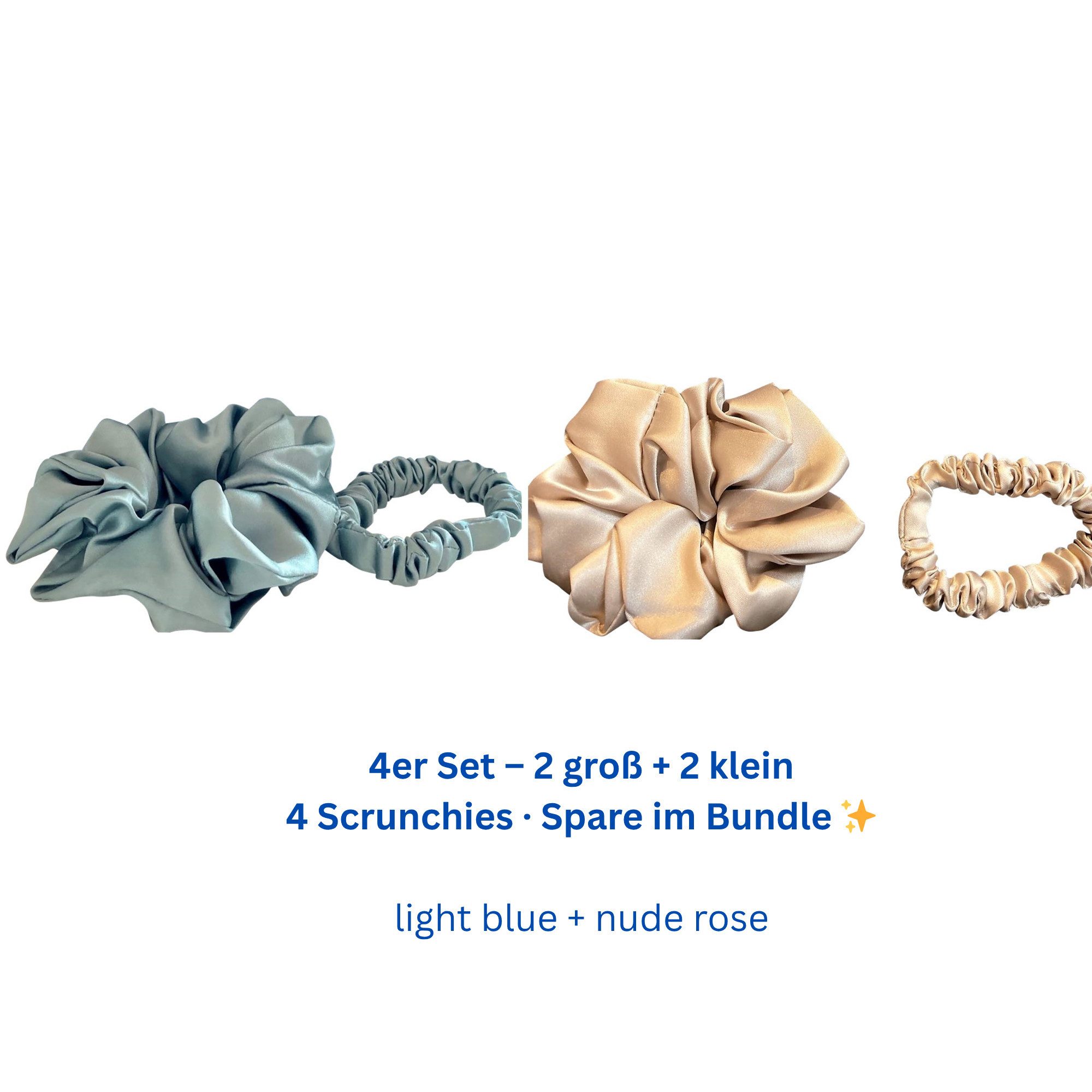 orignee Haargummi Seiden Scrunchies 4er Set, 100% Maulbeerseide, kein Knick,(2×L + 2×S), 4-tlg., 2 Sets – insgesamt 4 Scrunchies (je 1 groß + 1 klein), 100% Maulbeerseide (6A Qualität)