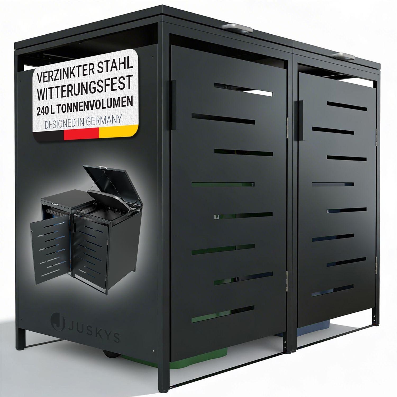 Juskys Mülltonnenbox Arel, 2er Metall Müllbox mit Dach, 120, 240 Tonne, modern