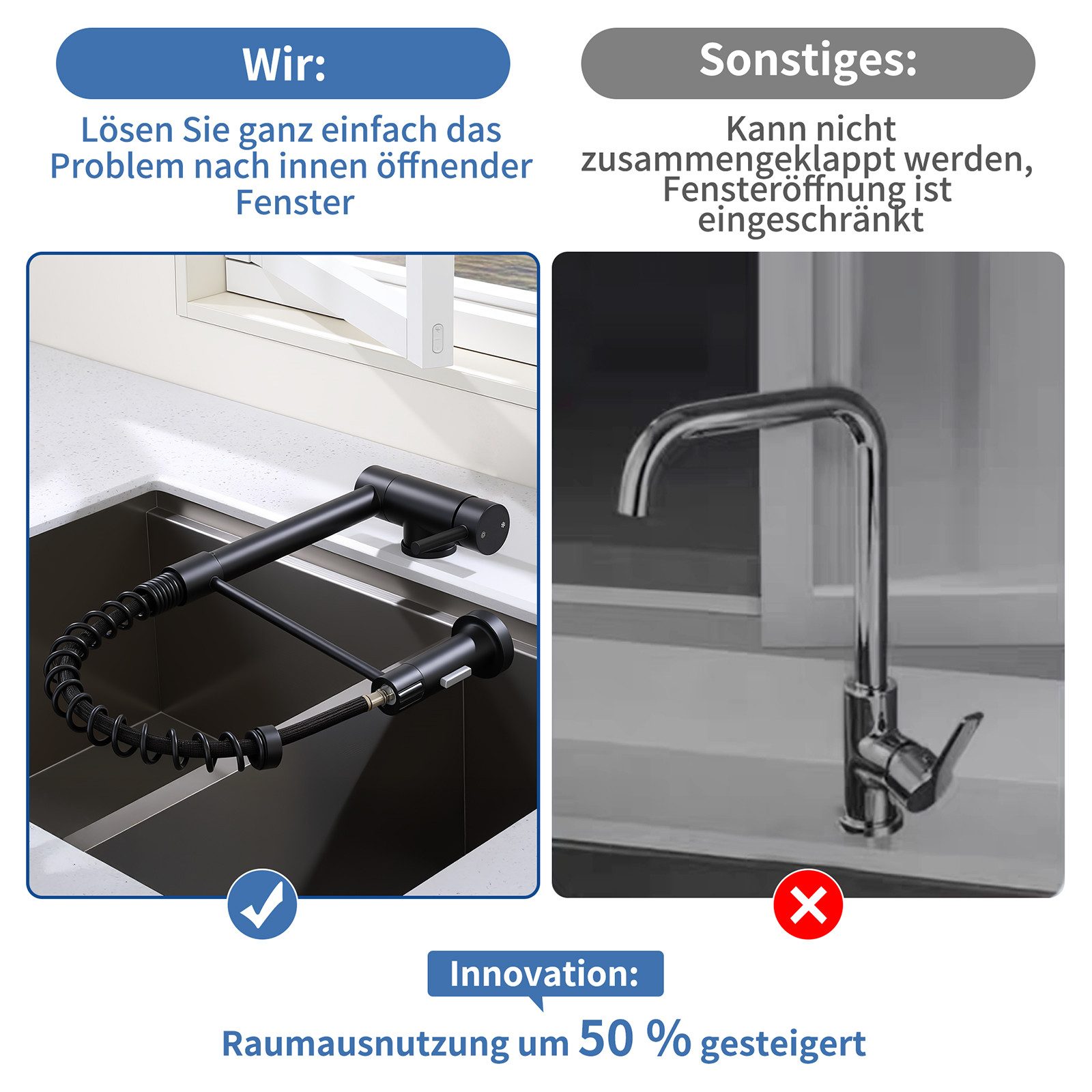DESFAU Küchenarmatur Vorfenster Wasserhahn, 360° Drehbare, Unterfenster Klappbar 180° Spültischarmatur,zwei Strahlarten,Edelstahl 304,Schwarz – Bild 5 von 5