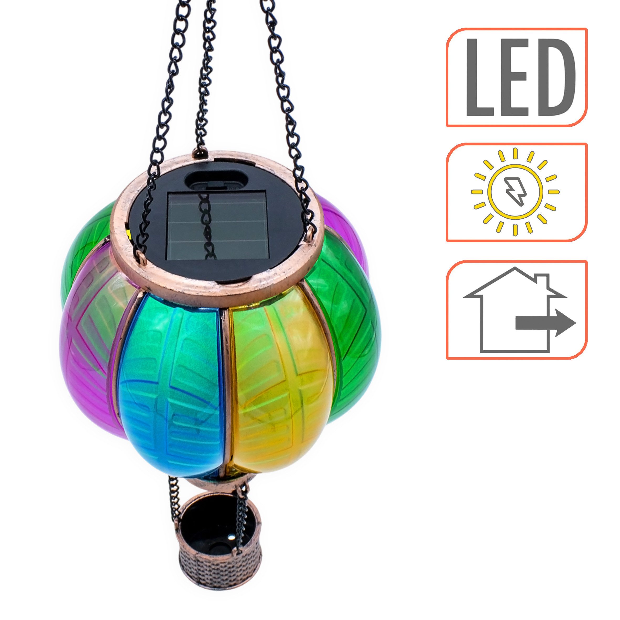 Spetebo LED Dekolicht Solar LED Heißluftballon bunt zum Hängen, Dämmerungssensor, LED fest integriert, warm weiß, Garten Lichtspiel mit Flammen Effekt warm weiß