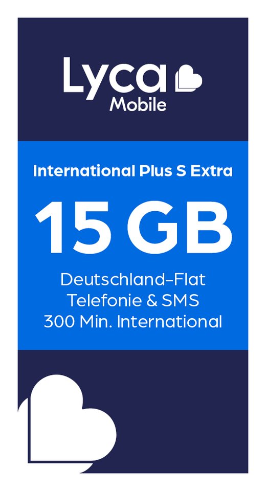 Lyca Mobile International Plus S Extra 4G/5G Prepaid Simkarte EU Roaming Prepaidkarte, (15 GB EU-Roaming, 300 Min. in 100 Länder, Allnet-Flat für Deutschland)