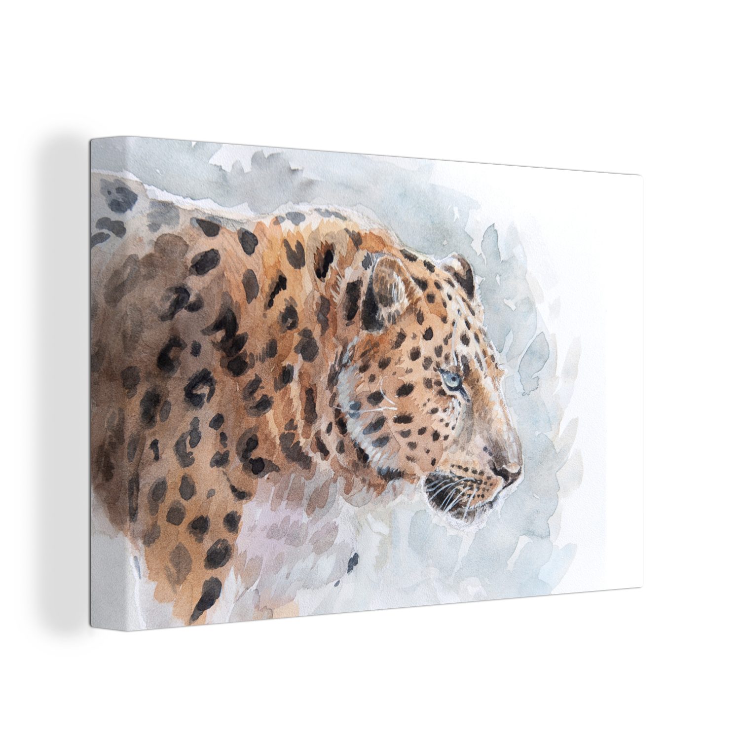 OneMillionCanvasses® Leinwandbild Leopard - Aquarell - Blau, (1 St), Wandbild Leinwandbilder, Aufhängefertig, Wanddeko, 30x20 cm