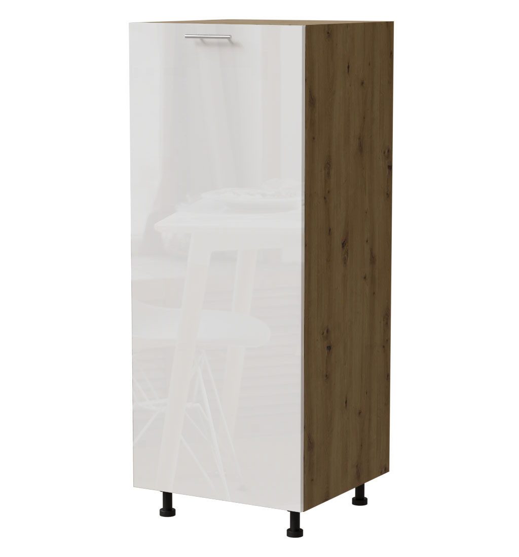 Feldmann-Wohnen Unterschrank Essen (D5D/60/154, 1 Tür, innen 3 Fächer, 1-St., moderne Optik, Acrylfronten mit Glaseffekt) 60x59x154cm Weiß Hochglanz / Eiche Artisan Matt