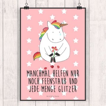 Mr. & Mrs. Panda Poster DIN A2 Einhorn Traurig - Rot Pastell - Geschenk, Unicorn, Pegasus, Ei, Einhorn Traurig (1 St), Lebendige Farben