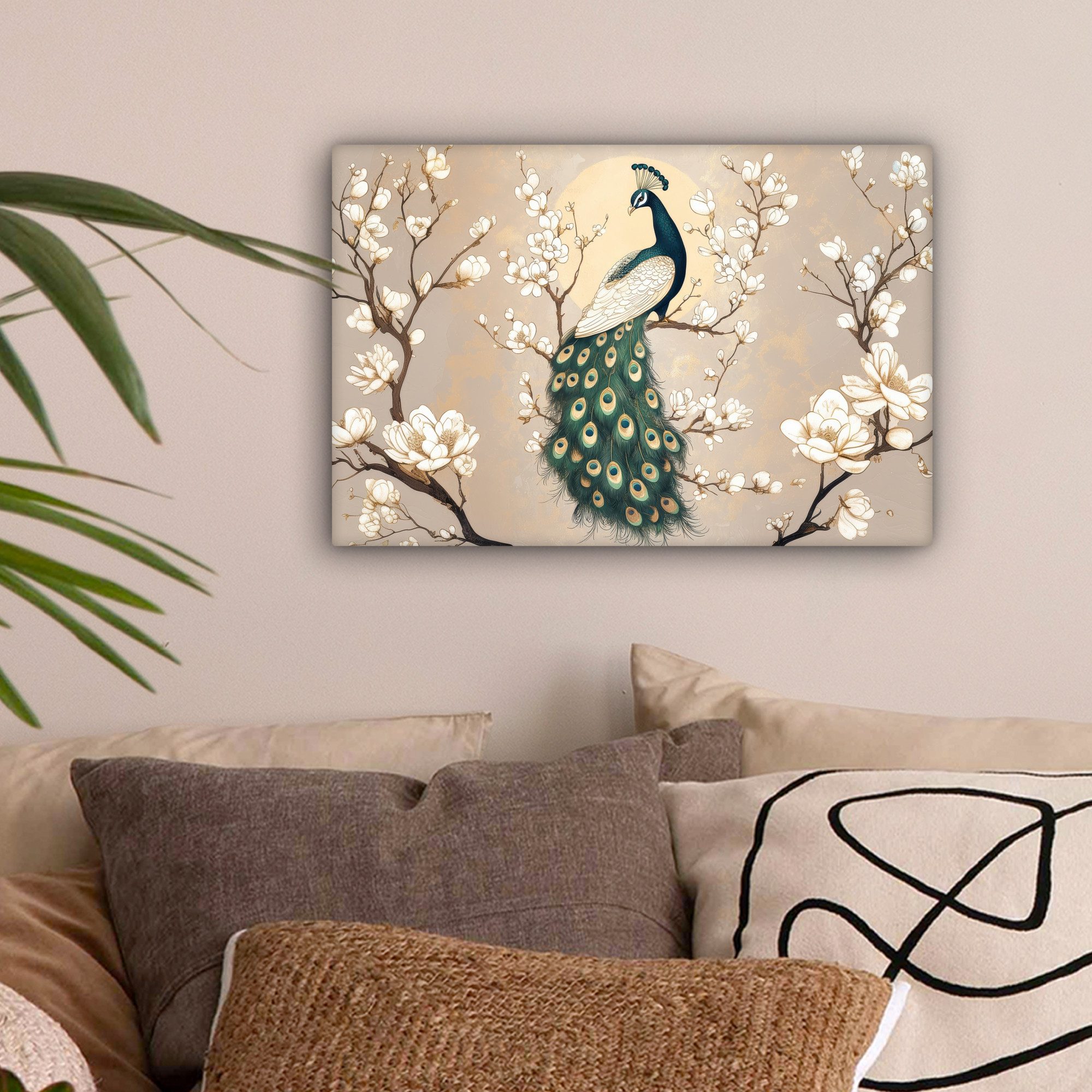 OneMillionCanvasses® Leinwandbild Pfau - Zweig - Blumen, Fotodruck (1 St), günstig online kaufen