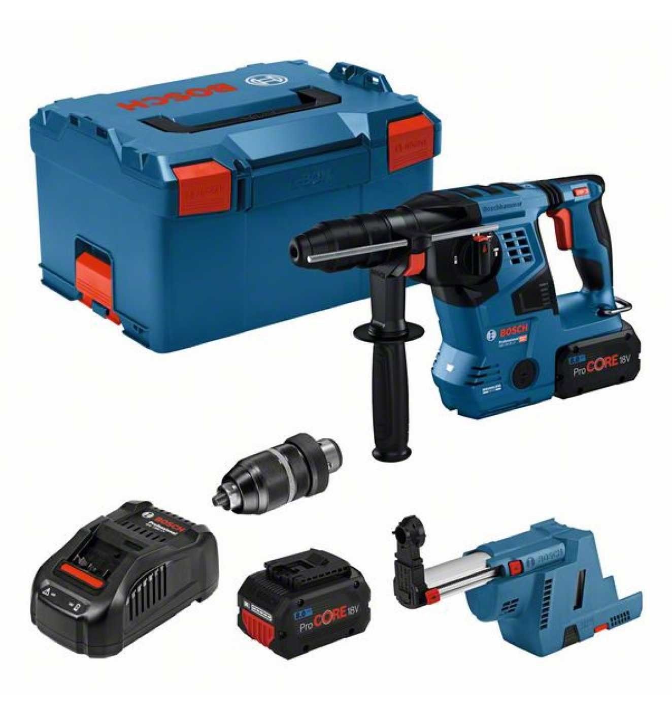 Bosch Professional Akku-Bohrhammer mit SDS plus GBH 18V-28 CF, Zubehör, 2 x Akku, Schnellladegerät, L-BOXX + Einlage, Staubabsaugung