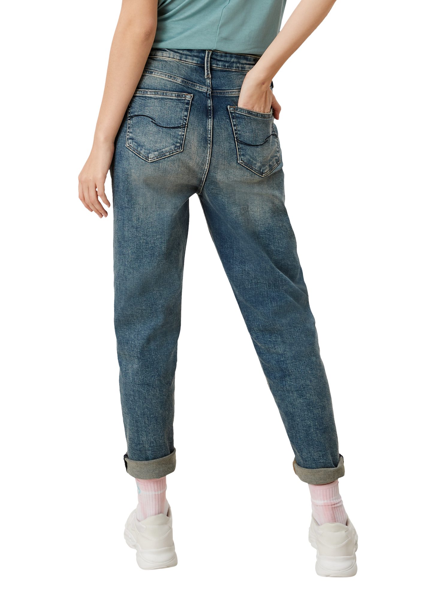Fit: Mom-Jeans Regular Leder-Patch QS Waschung, mit Stoffhose Waschung