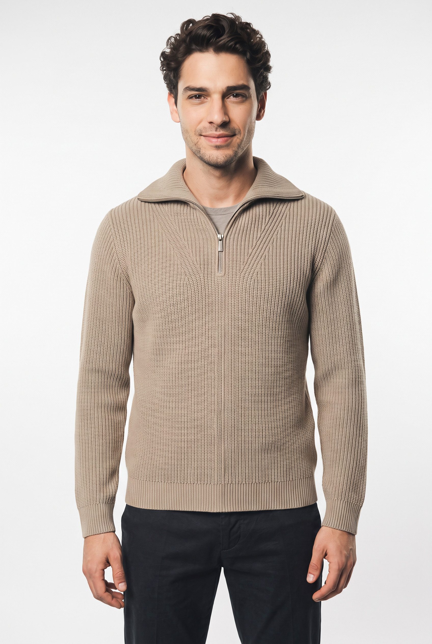 Strellson Troyer Zip Pullover Remo mit Kaschmir-Anteil, weiches Material, Grobstrick Klassiker