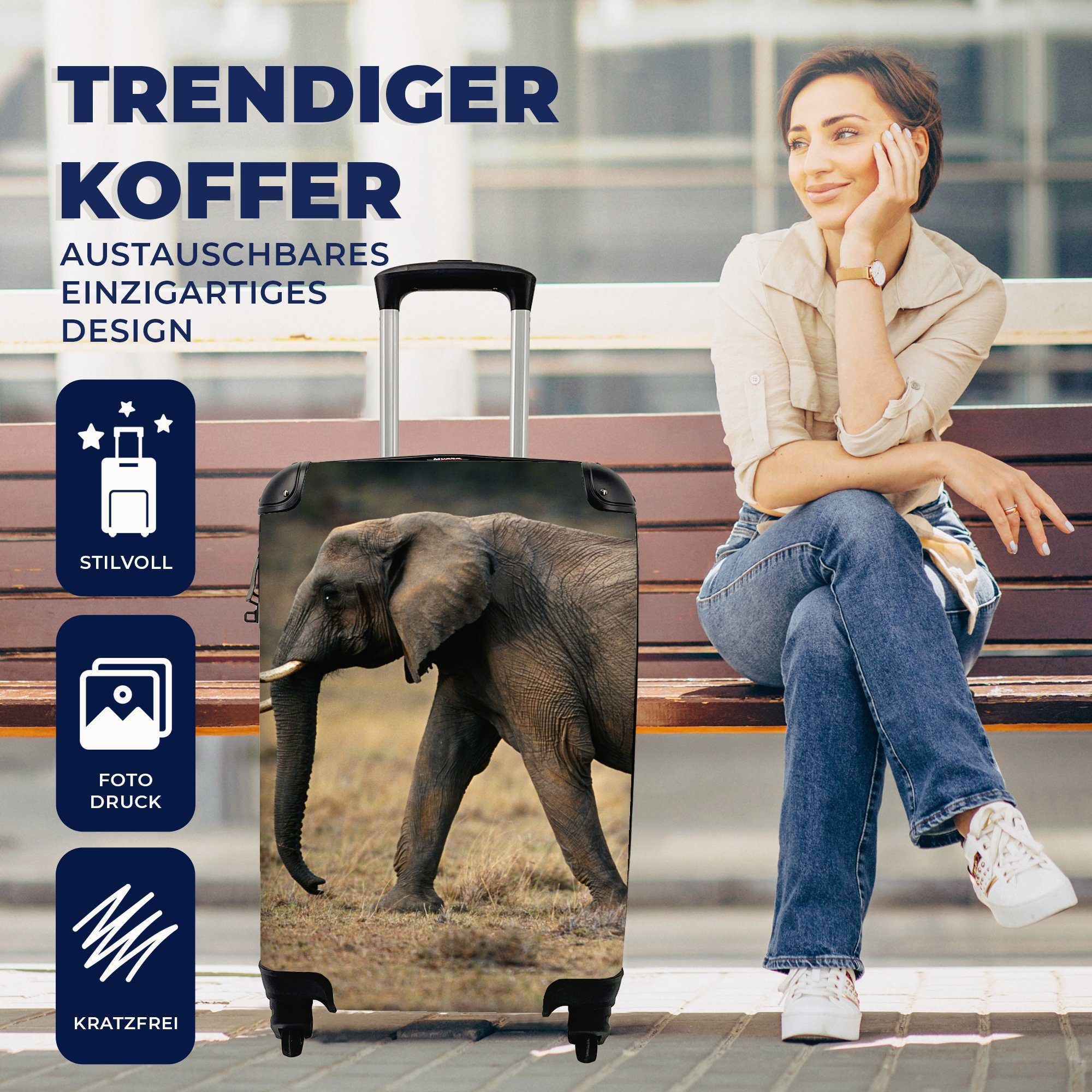 Ferien, - Trolley, Tiere Handgepäckkoffer Rollen, - mit Handgepäck 4 Savanne für Reisekoffer MuchoWow rollen, Natur, Reisetasche - Elefant