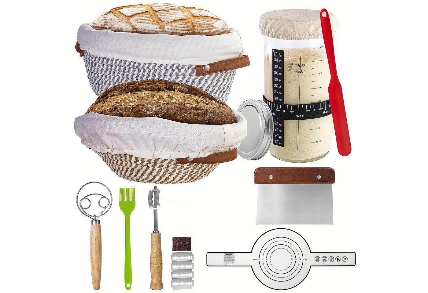 PFCTART Gärkorb Sauerteig Starter Set mit Gärkörbchen & Sauerteig Glas 1000 ml, (Set 15-tlg), Brot backen Zubehör, Gärkorb, optimale Luftzirkulation, Kaltgärung