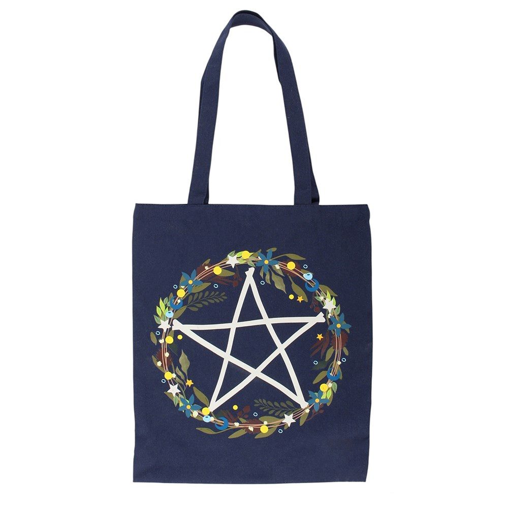 Something Different Schultertasche Solstice Wreath Pentagramm Tote Bag – Navy Gothic Stofftasche Witchy, Dunkelblaue Stofftasche mit magischem Pentagramm-Print