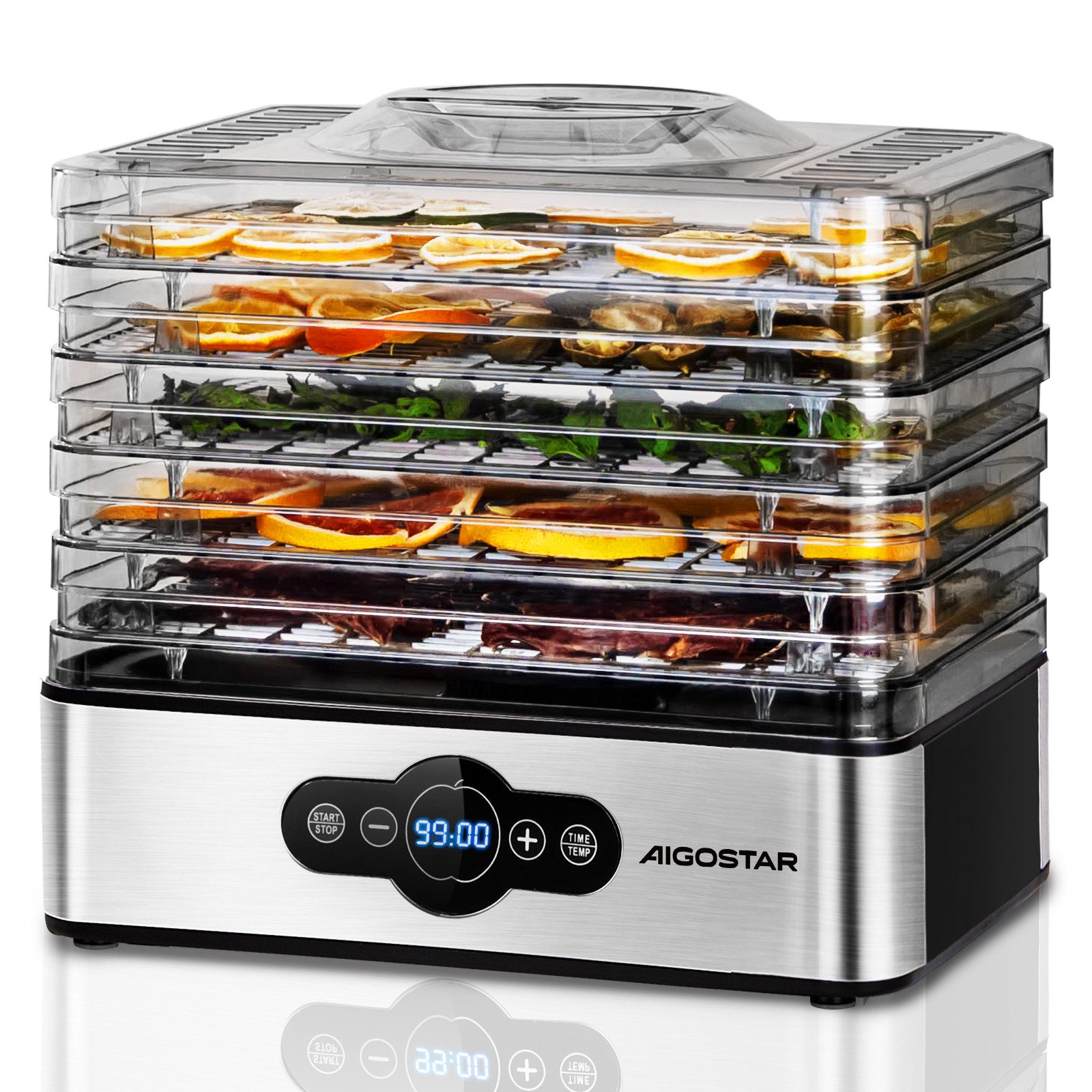 Aigostar Dörrautomat Dörrgerät mit Temperaturregler, 99h-Timer, 5 Einlegefächer, 35-70°C 240,00 W, 5 Etagen, LED-Anzeige, Edelstahl, Gemüse Fleisch, Kräuter, Rindfleisch, Pilze