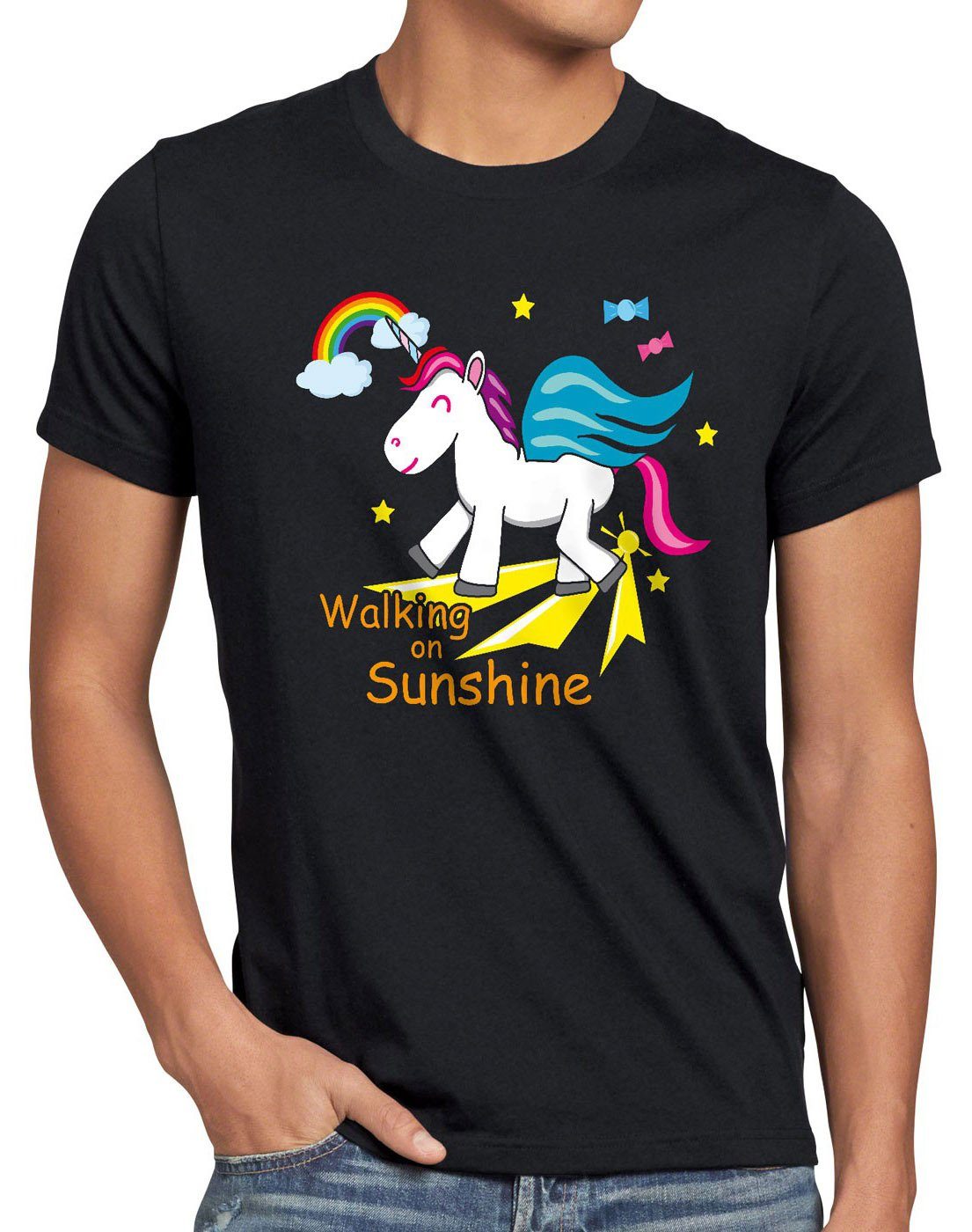 Unicorn on Sunshine T-Shirt schwarz Print-Shirt Spruch Einhorn Herren Walking Regenbogen style3 Fun Kinder