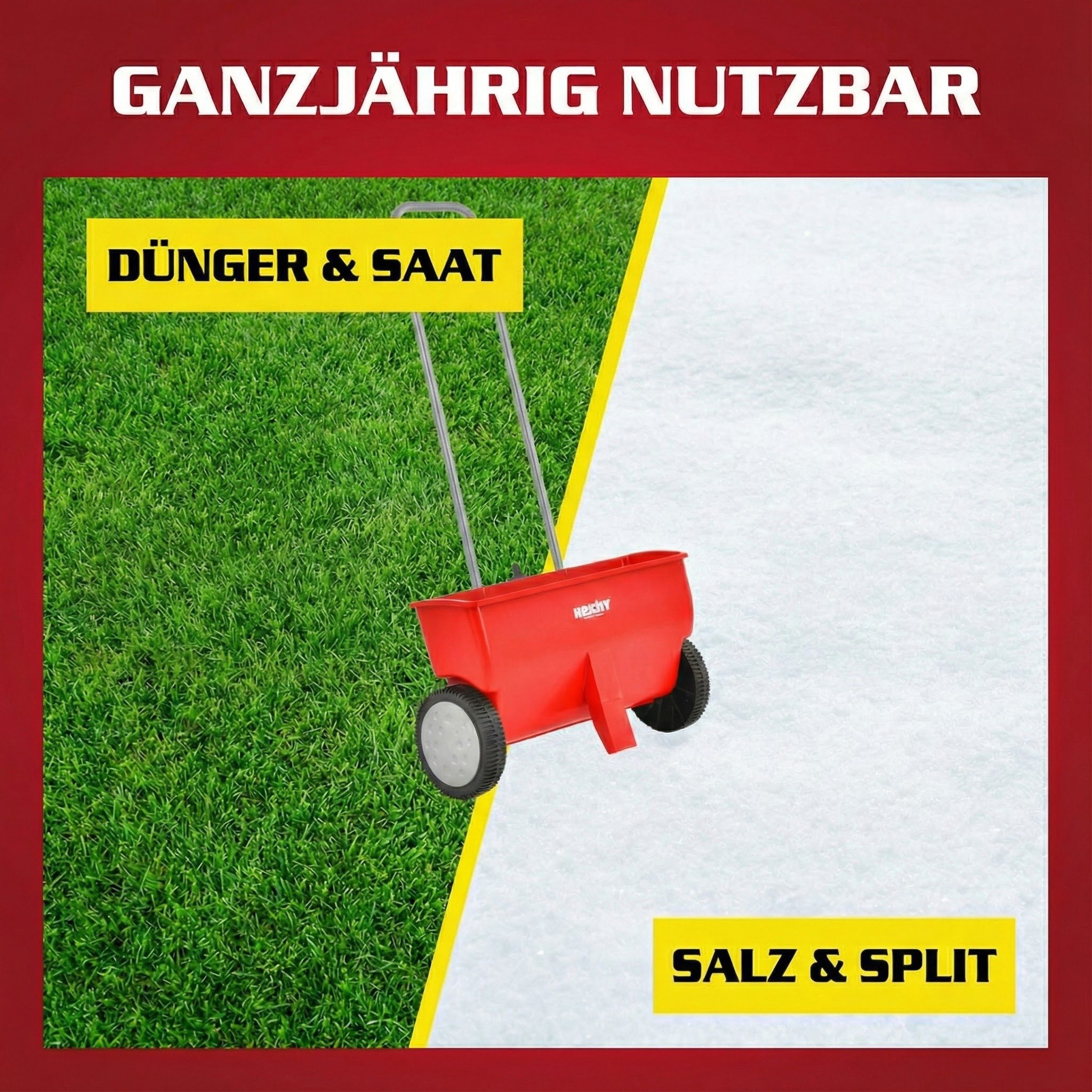 Hecht Streuwagen 220 bis 24 kg Streugut 8-stufige Streumengenregulierung, 50,00 cm Arbeitsbreite, 20,00 l Füllmenge, Ergonomischer Griff, Universal