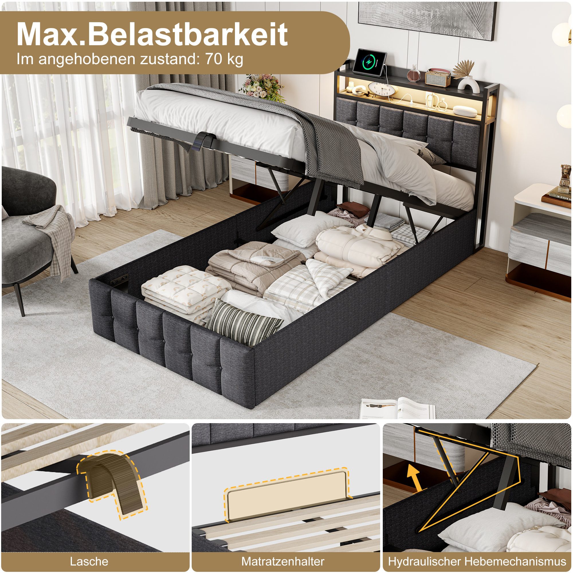 Simurq Polsterbett 90x200 mit Bettkasten, Einzelbett, Jugendbett, Bettgestell (1 tlg, ohne Matratze, Mit Lattenrost), Kopfteil mit Ablagefach, Mit Lattenrost, U – Bild 4 von 5