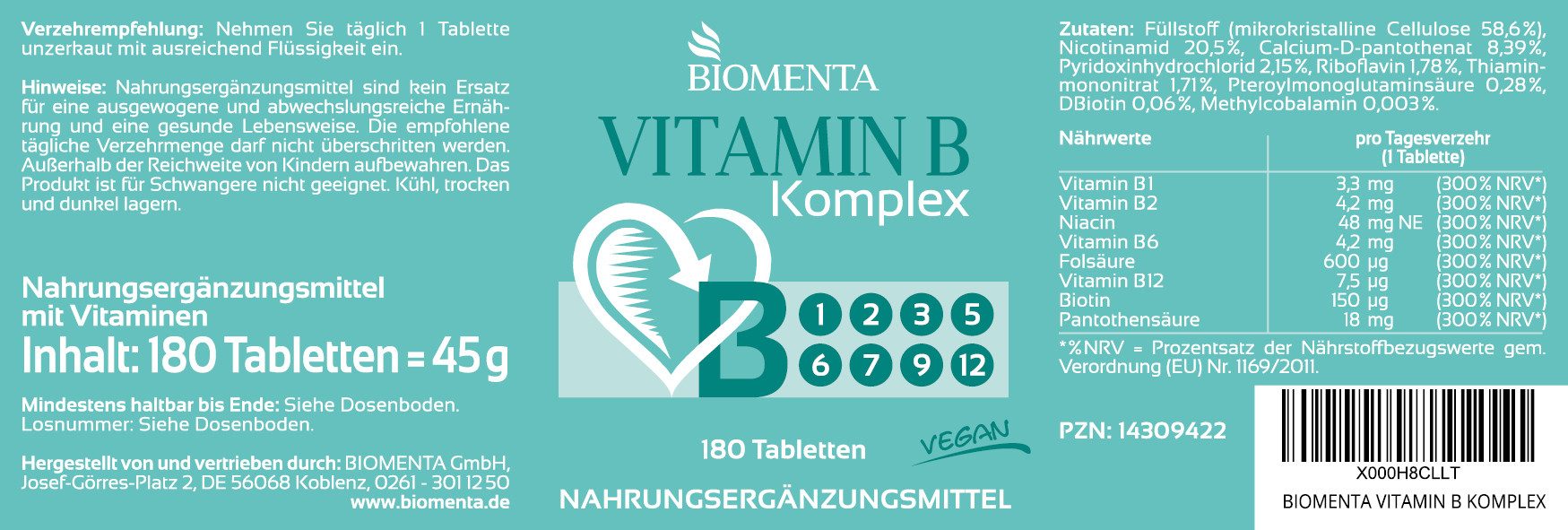 BIOMENTA Vitamin B Komplex - 180 Vitamin B Tabletten - Premiumqualität Tabletten, 180 St., 45 g