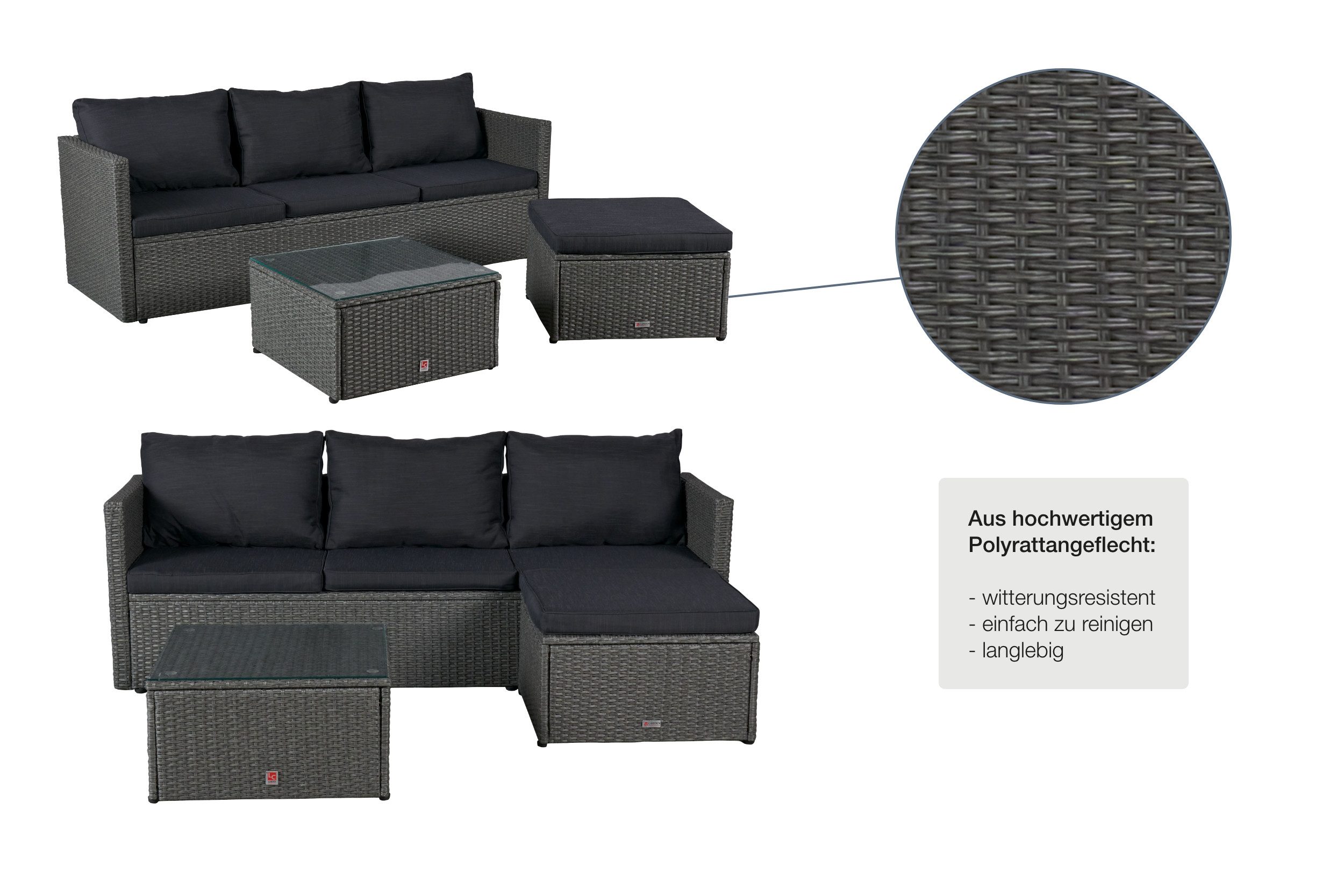 LC Garden Gartenlounge-Set Loungino« Poly Rattan Balkon Lounge Set Sofa + Hocker +Tisch Set, (Loungeset, 3-tlg., Set 3 tlg), Polsterung: Schaumstoff (waschbar bei 30 Grad)