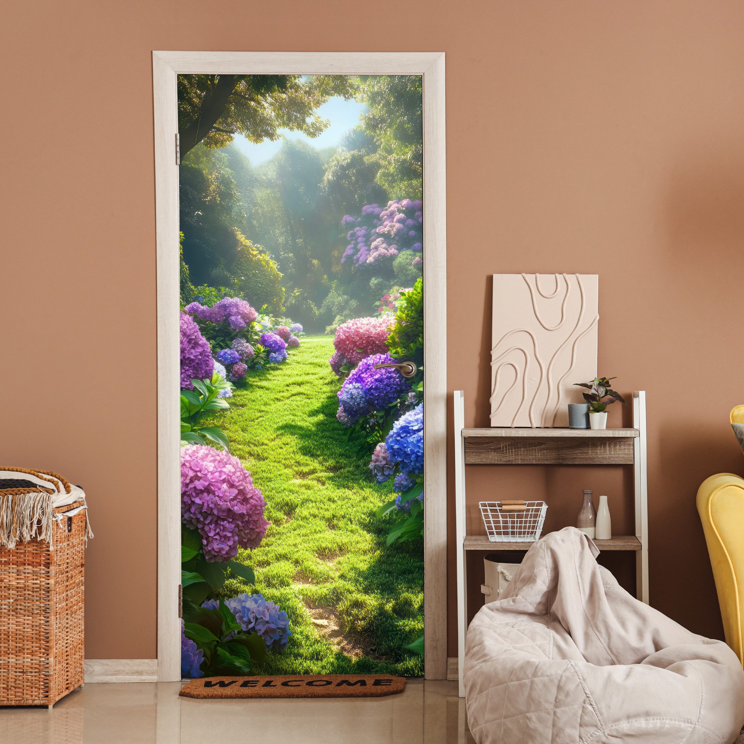 MuchoWow Türtapete Natur - Hortensie - Blumen - Grün, Matt, bedruckt, (1 St), Selbstklebende Tapete, Folie für Möbel, 75x205 cm