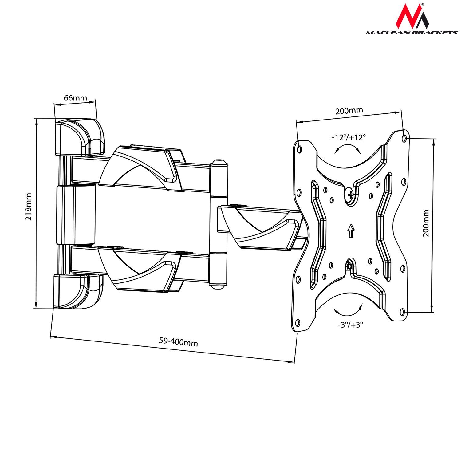Maclean Wandhalterung MC-742, (bis 55,00 Zoll, Neigbar: ± 12° Grad, Bildschirmdiagonale: 13" - 55" Zoll)