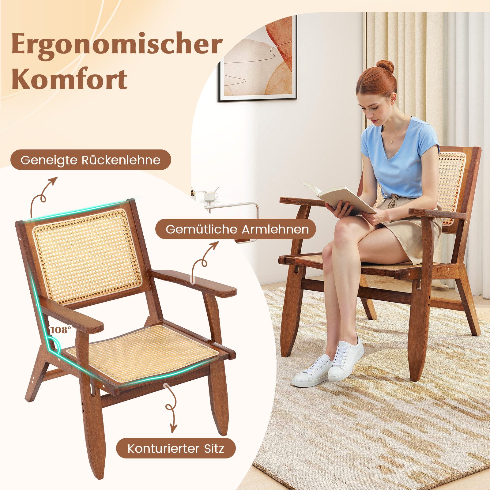 COSTWAY Relaxsessel (1-St), Esszimmerstuhl Bambus, Rattan, mit Lehne
