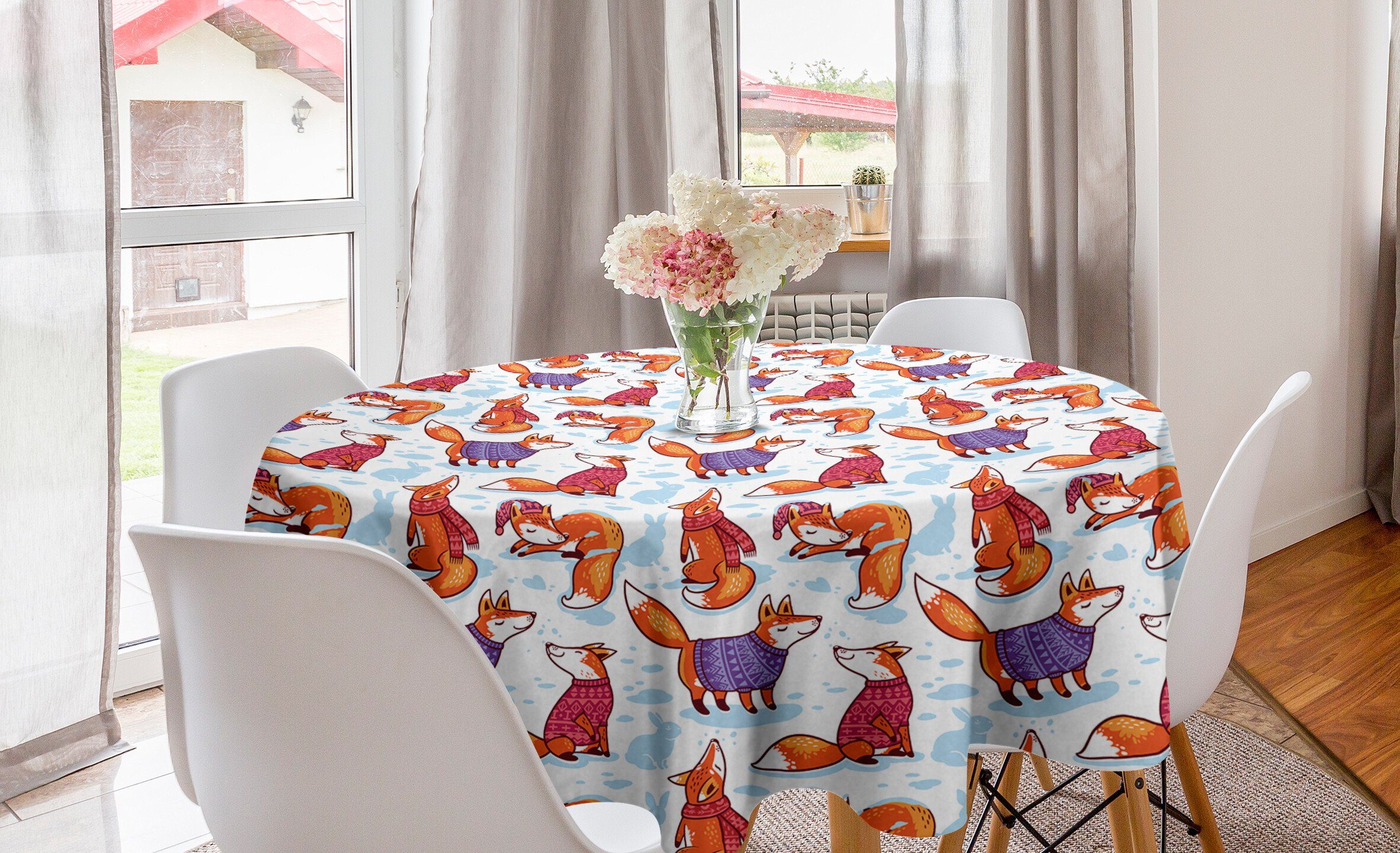 Abakuhaus Tischdecke Kreis Tischdecke Abdeckung für Esszimmer Küche Dekoration, Fuchs Tiere im Winter Pullover