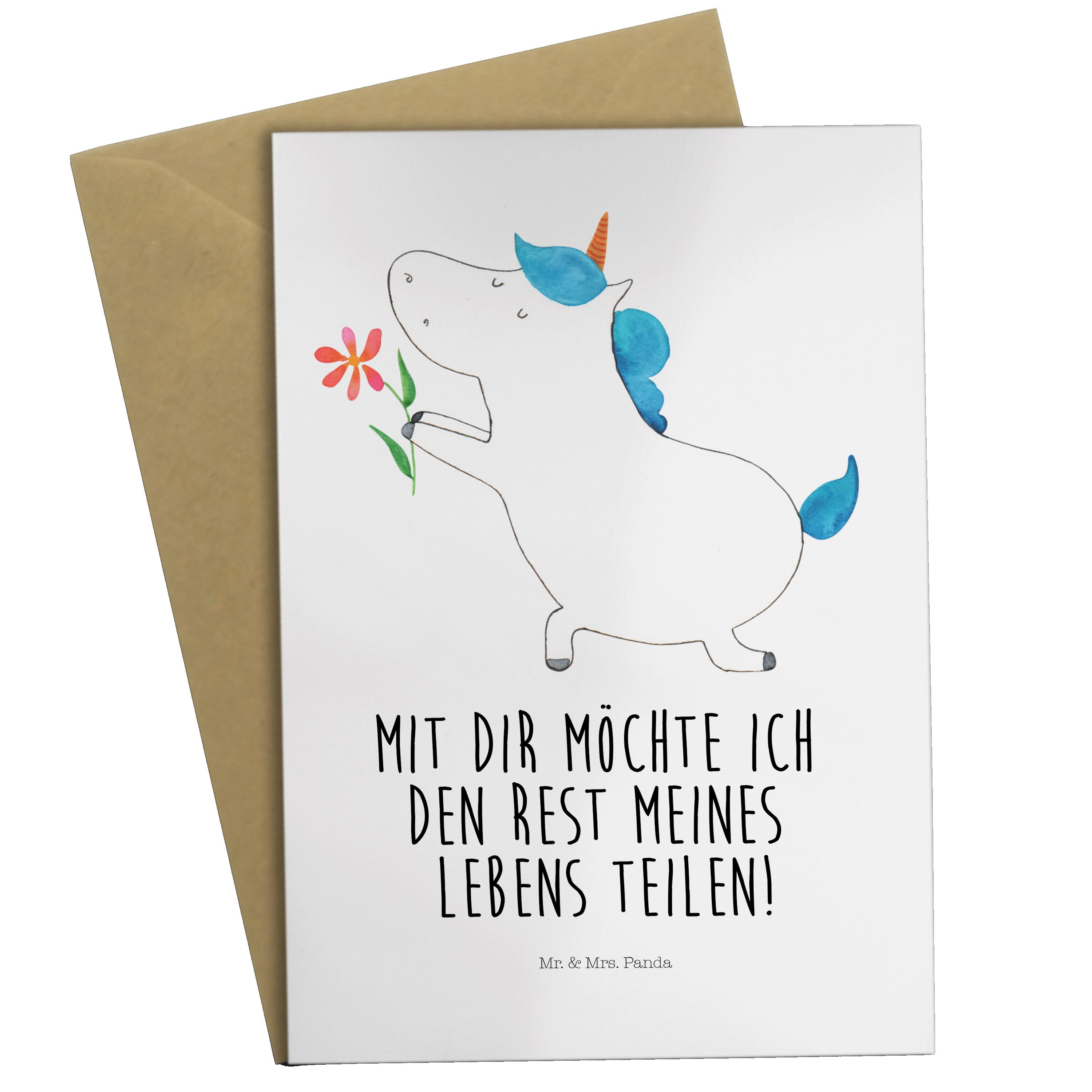 Mr. & Mrs. Panda Grußkarte Einhorn Blume - Weiß - Geschenk, Glückwunschkarte, Pegasus, Ehe, Gebu