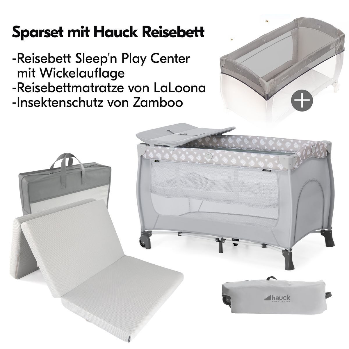 Hauck Baby-Reisebett Sleep N Play Center Set - Teddy - Grey, Kinderreisebett mit Matratze, Insektenschutz, Wickelauflage & Tasche