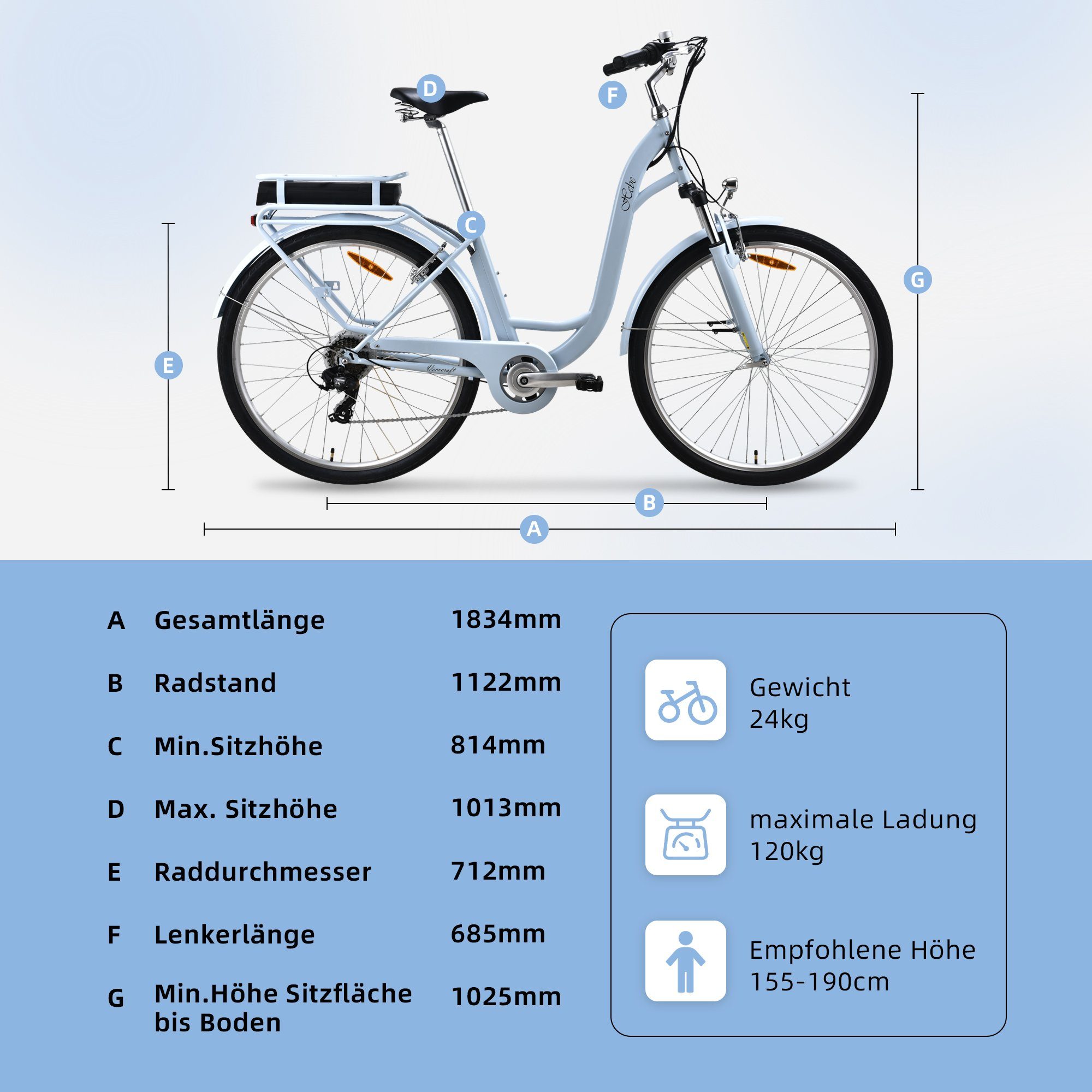 VECOCRAFT E-Bike HEBE, Shimano, 7 Wh Gang Kettenschaltung, Heckmotor, akku 360 Blau