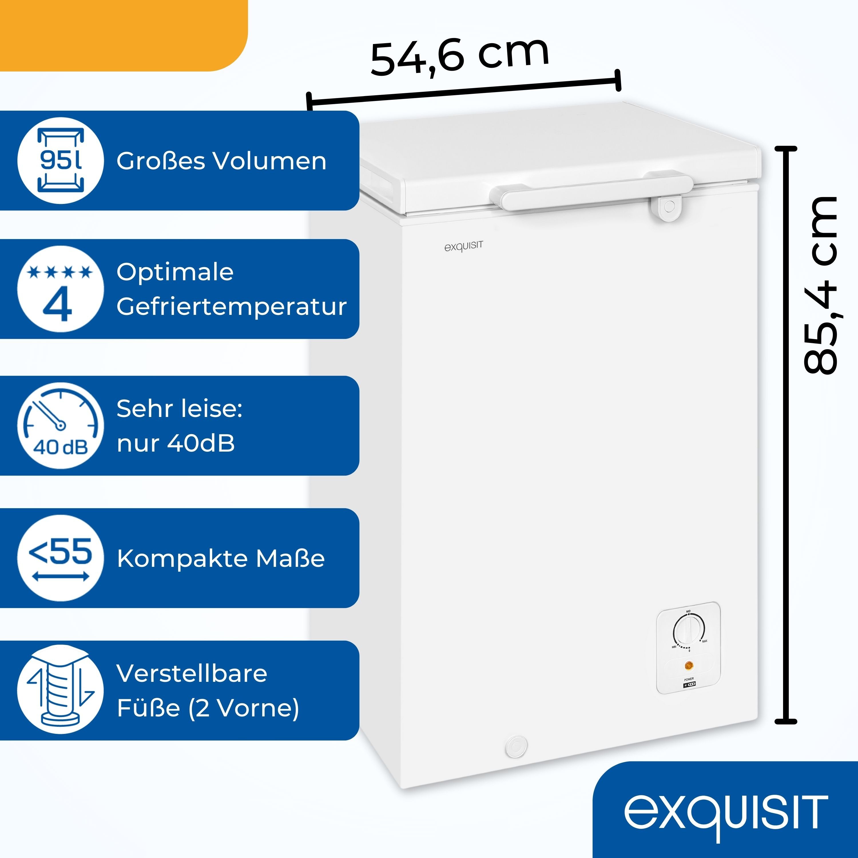 exquisit Gefriertruhe GT5100-010E, 54.6 cm breit, 95 l, 95 Liter, 4-Sterne-Gefrieren, 40 db, Einhängekorb, Kompakt
