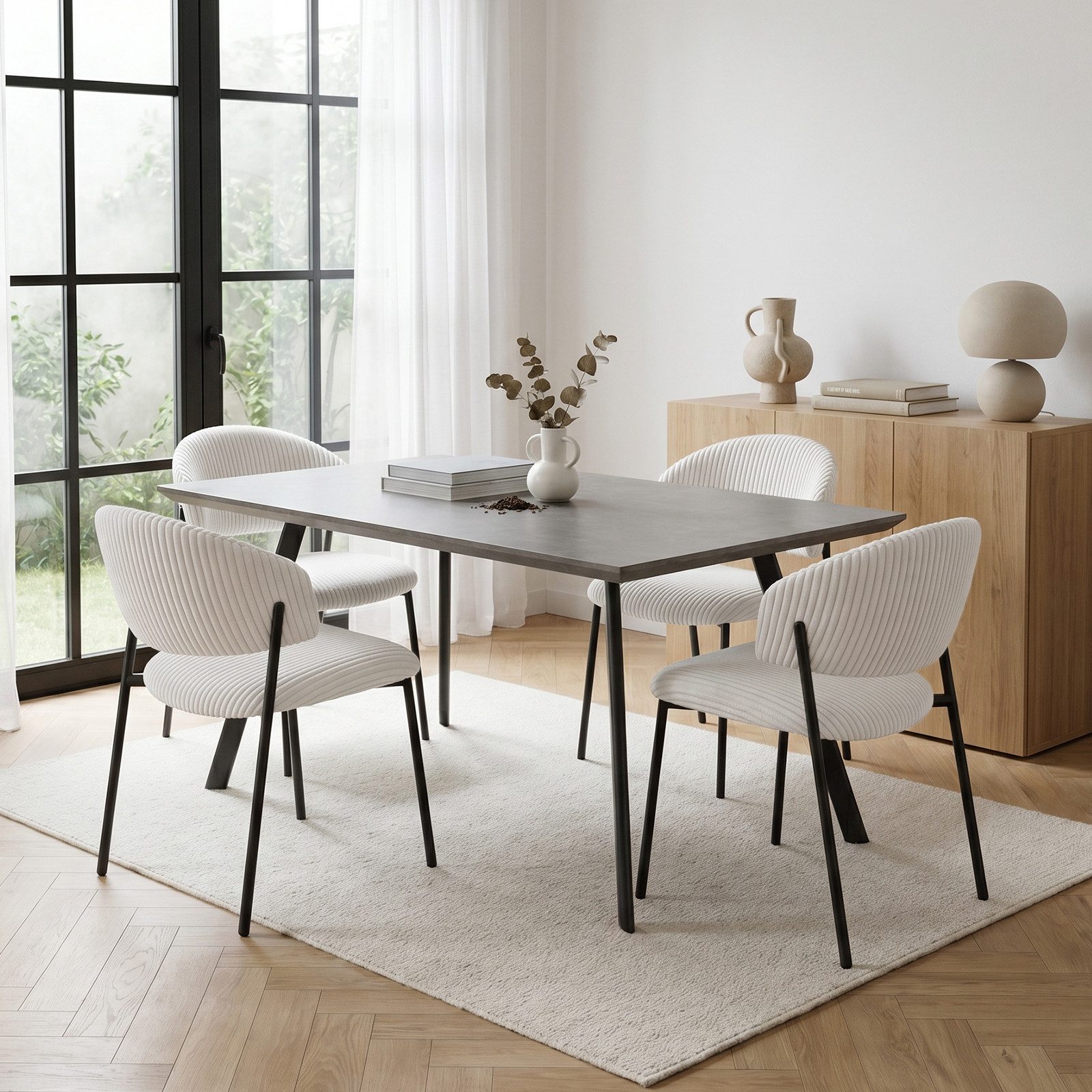 Jiexi Essgruppe Essgruppe 110x70 MDF-Tisch mit U-Metallgestell & Cord-Stühlen