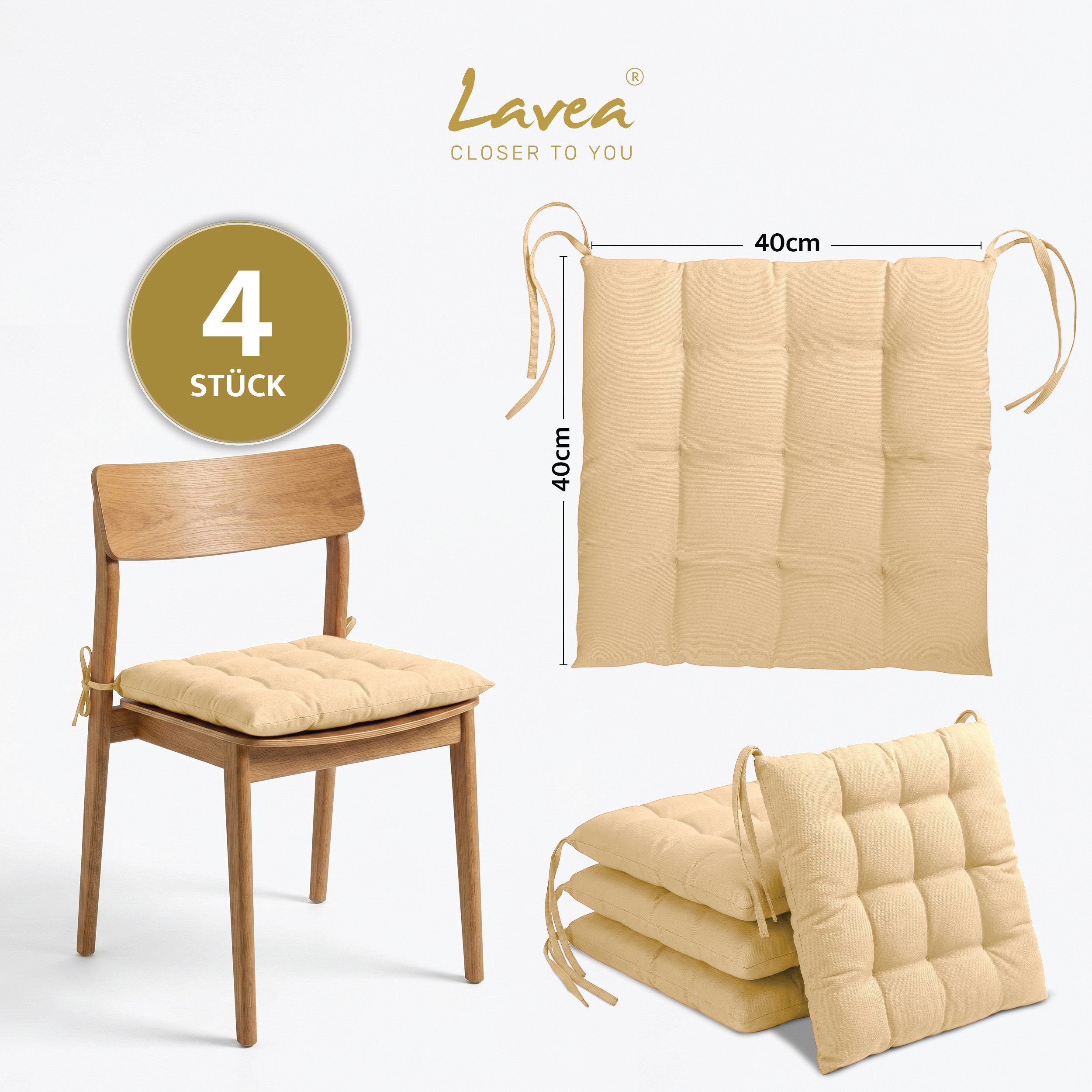 Lavea Stuhlkissen Lavea® Sitzkissen & Stuhlkissen 40x40 cm – 4er/8er Set, 40x40x3 cm, mit Stoffbändern, Indoor & Outdoor, für Garten & Balkon