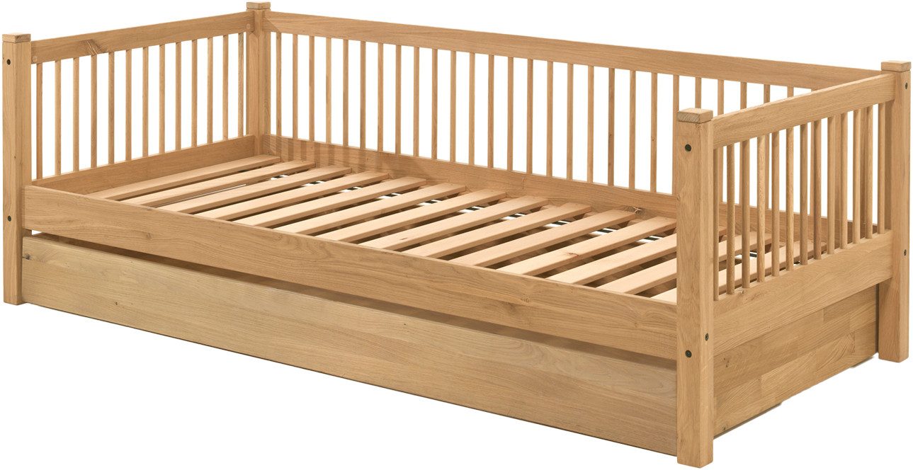 Vipack Einzelbett Forrest 90/200 aus massiver Eiche, Oberfläche geölt, stabil gebaut (B/H/T ca. 207,5x68x97,5cm, inkl. Massivholz Rolllattenrost), aus massiver Eiche geölt, LF 90x200 cm, wahlweise mit Bettschublade