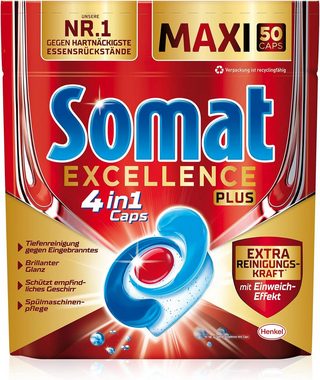 Somat Excellence 4in1 PLUS 50 Spülmaschinentabs (50-St. recycelbar mit Extra Reinigungskraft & Einweicheffekt)