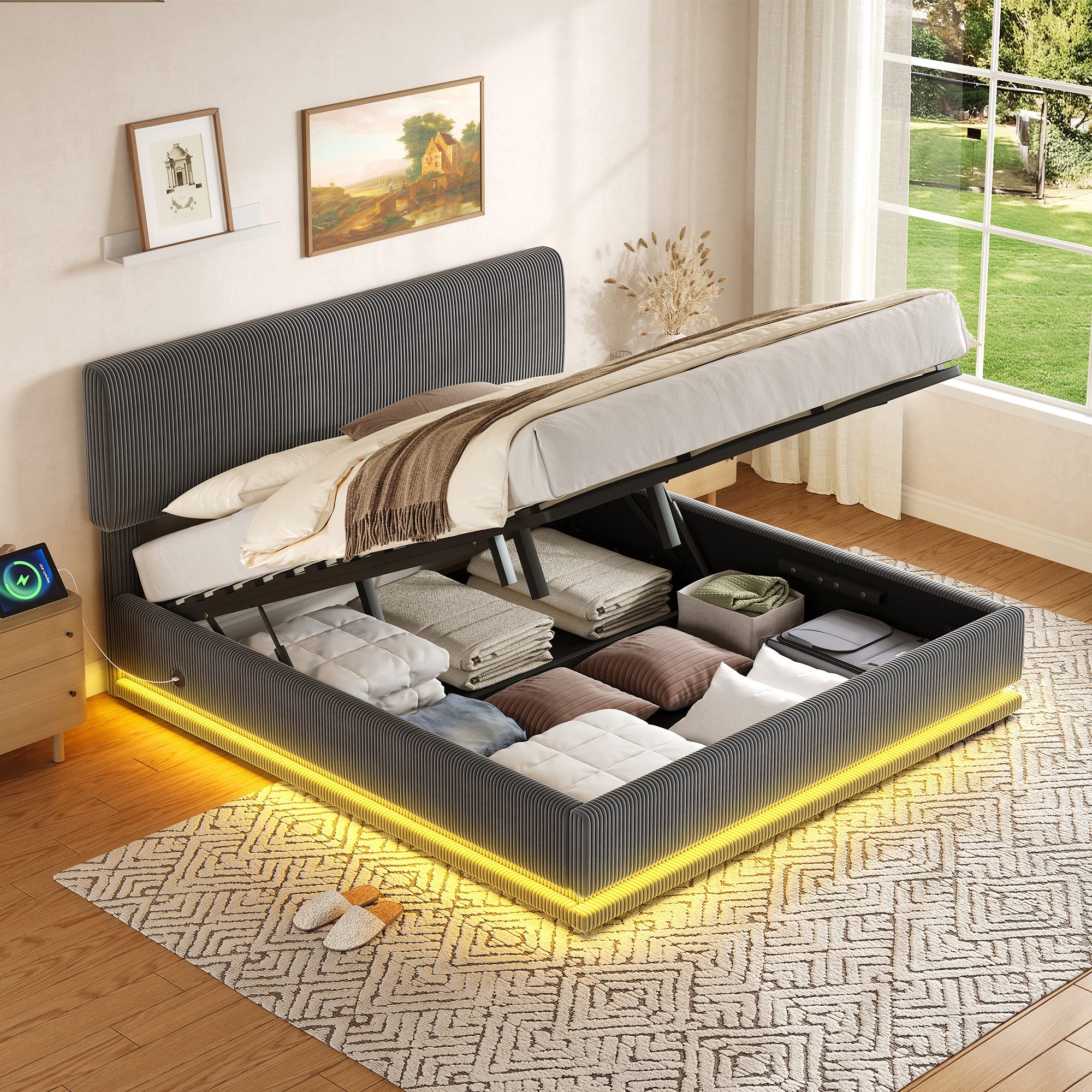 TavilaEcon Boxspringbett Moderne Polsterbetten mit LED-Beleuchtung und USB-C-Ladefunktion (1-St), mit höhenverstellbarem Kopfteil, Cord-Stoff, stabilem Lattenrost
