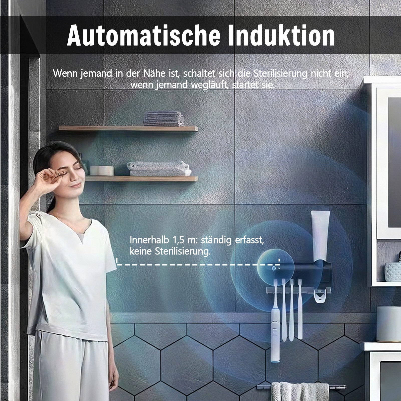 MOPUEA UV-Zahnbürstenhalter Zahnbürstenhalter mit Automatischem Zahnpastaspender UV-Sterilisation, UV-Zahnbürstenhalter mit Sterilisator und Zahnputz-Quetscher, – Bild 4 von 5