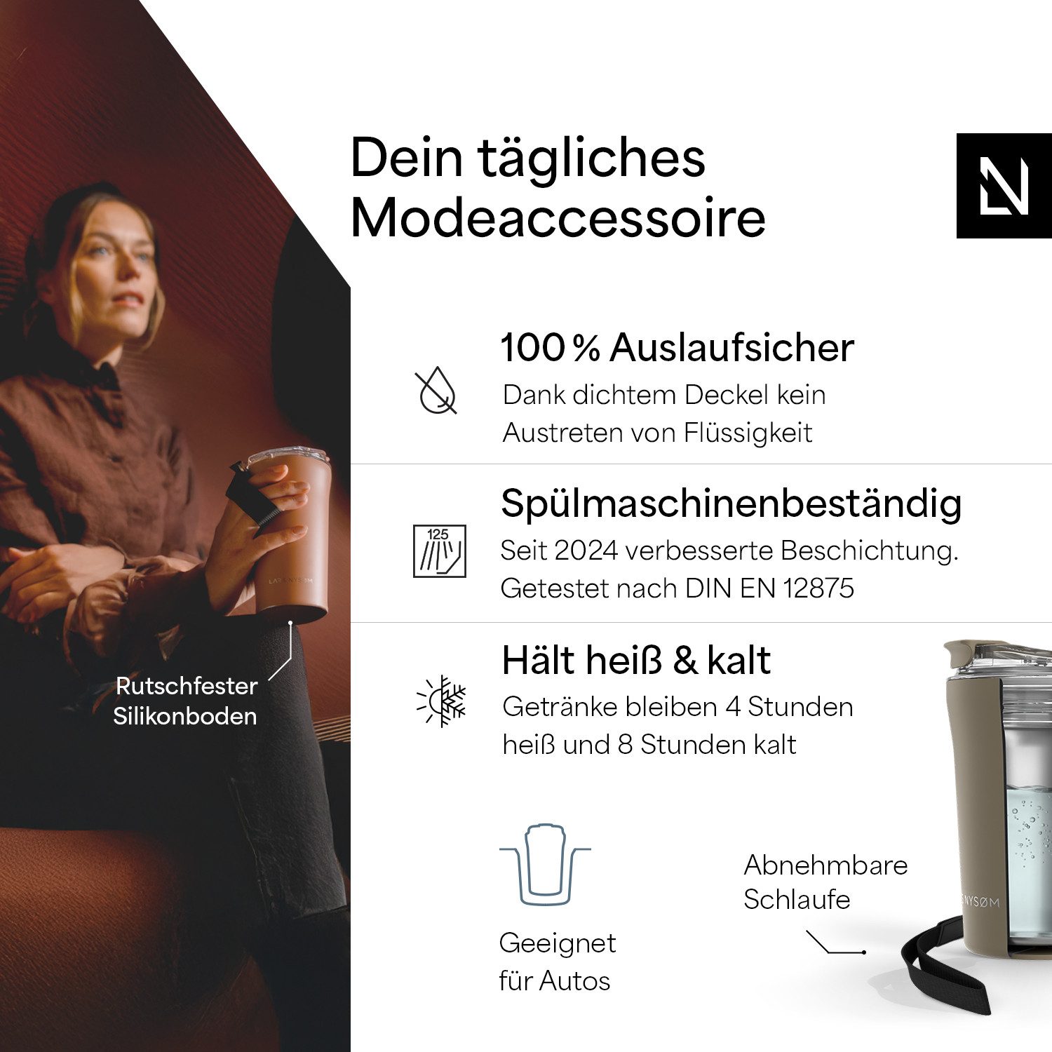 LARS NYSØM Thermobecher Rørelse, 1-tlg., Thermobecher m. Isolierung & Trageschlaufe: 4h heiß/8h kühl